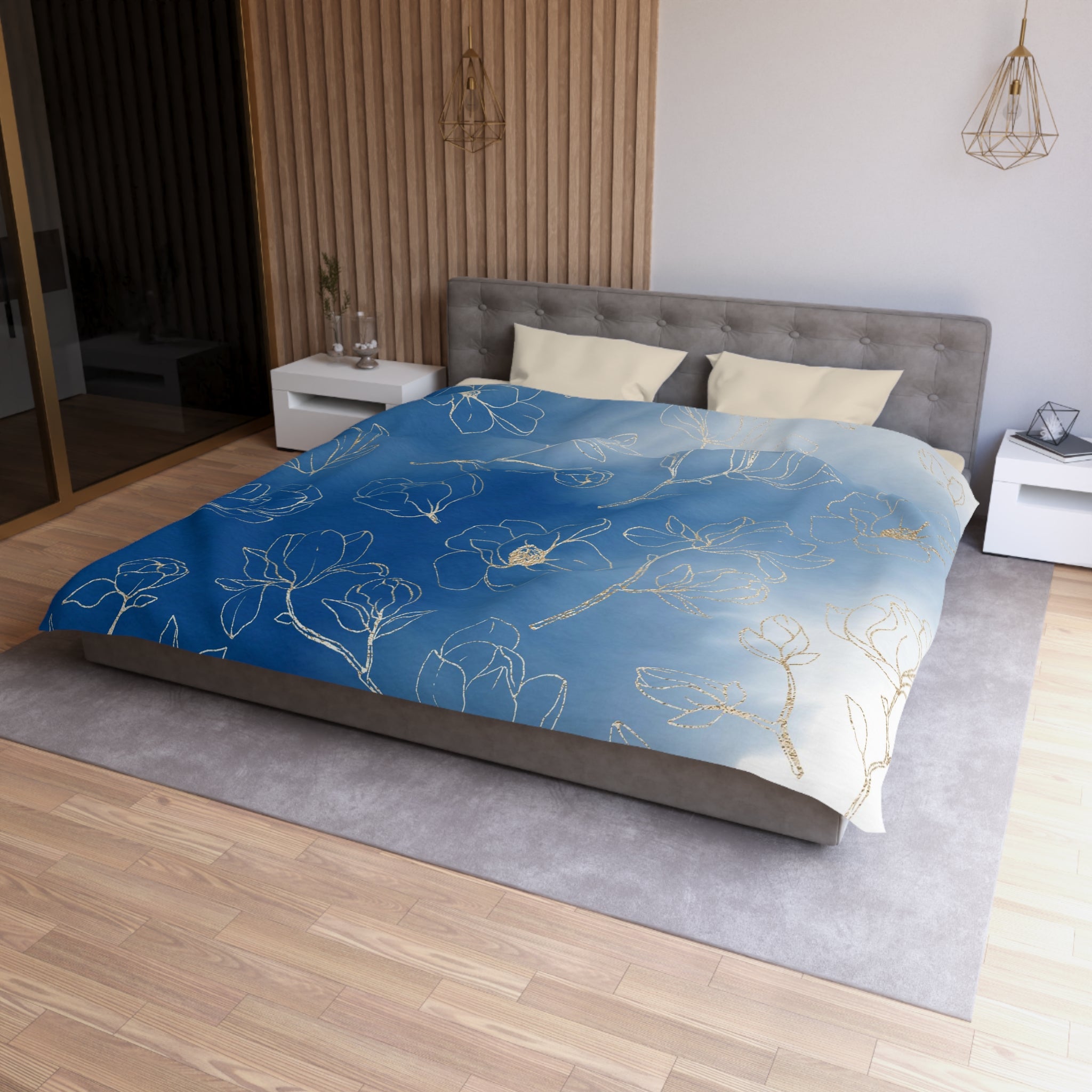 Abstract Duvet Cover | Floral Indigo Blue Ombre White | Bedroom Decor