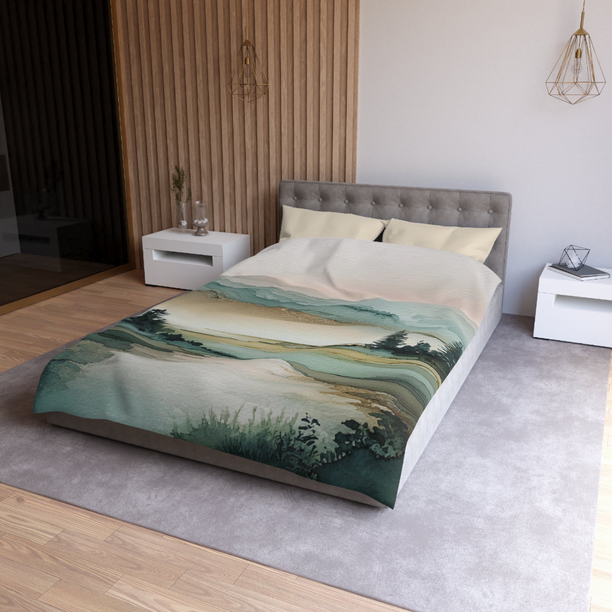 a modern bedroom with a large bed, a nightstand, and a wooden wall. The bed has a green and white landscape print on the comforter, and the room has a neutral color scheme with white walls and a gray carpet.