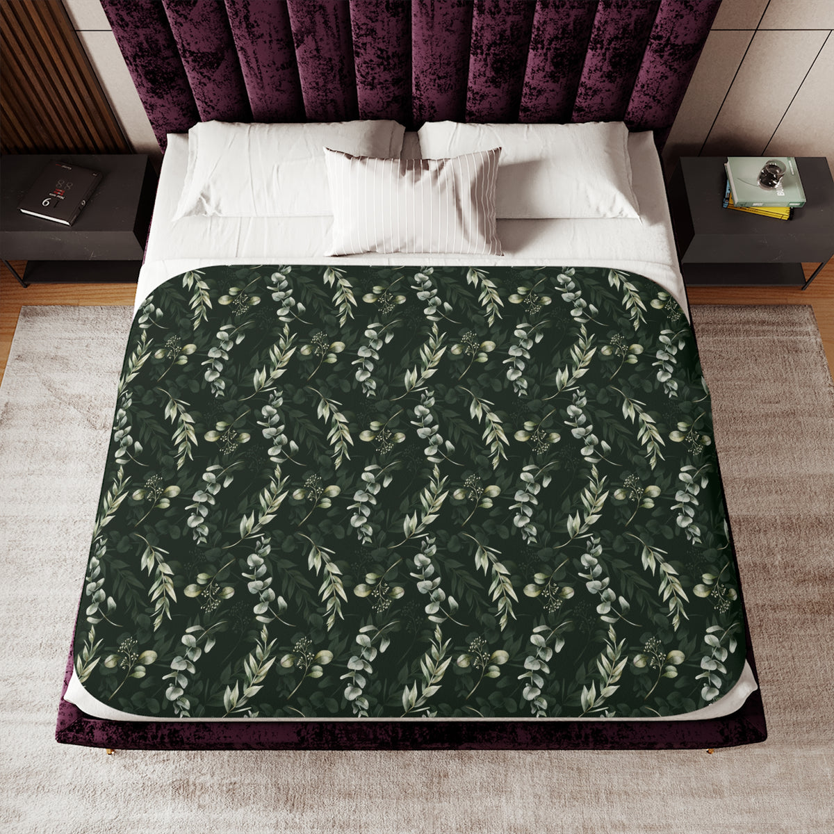 Forest Green Eucalyptus Sherpa Blanket | Dark Sage Botanical Throw