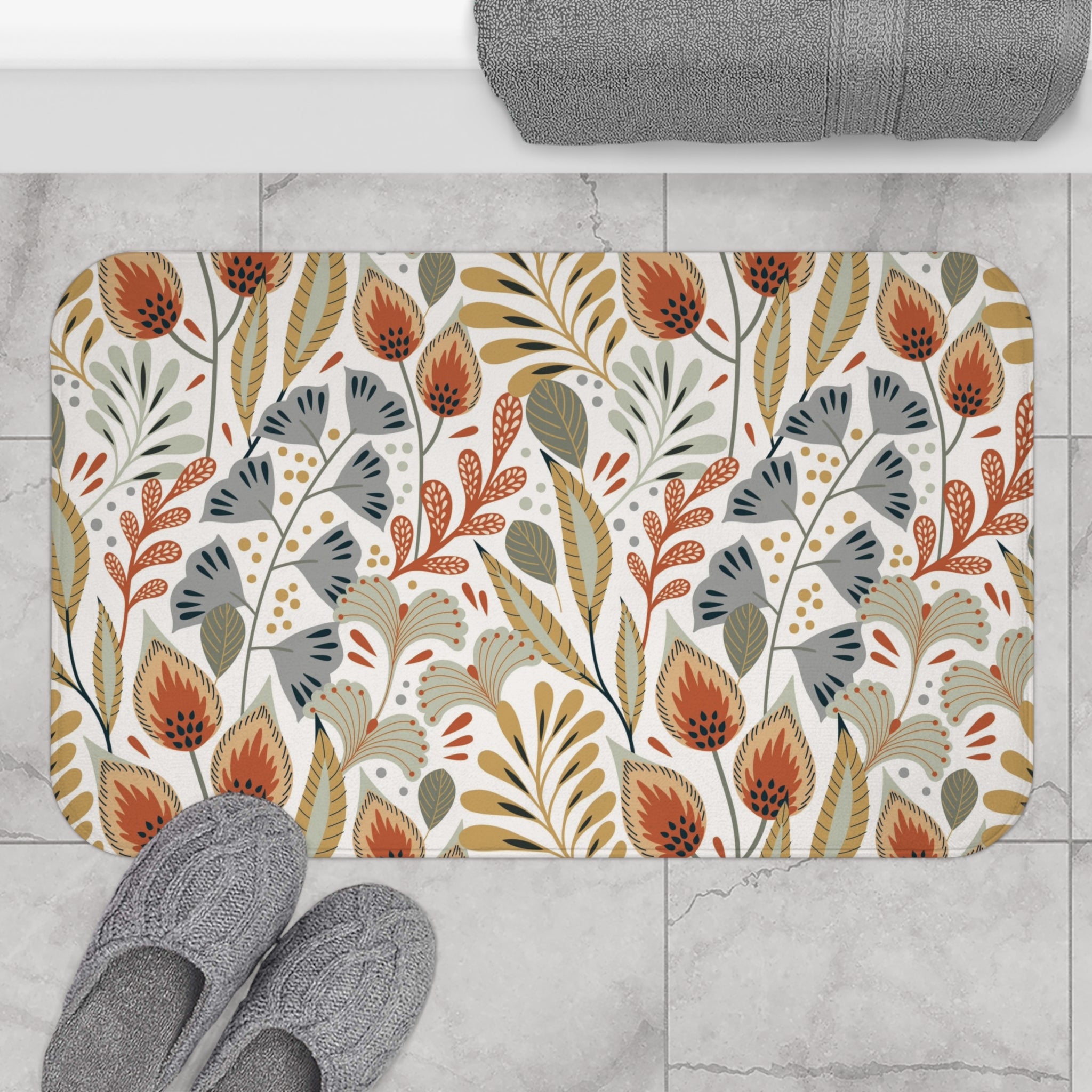 Tribal Floral Bath Mat | Muted Neutral Earthy White Kitchen Mat