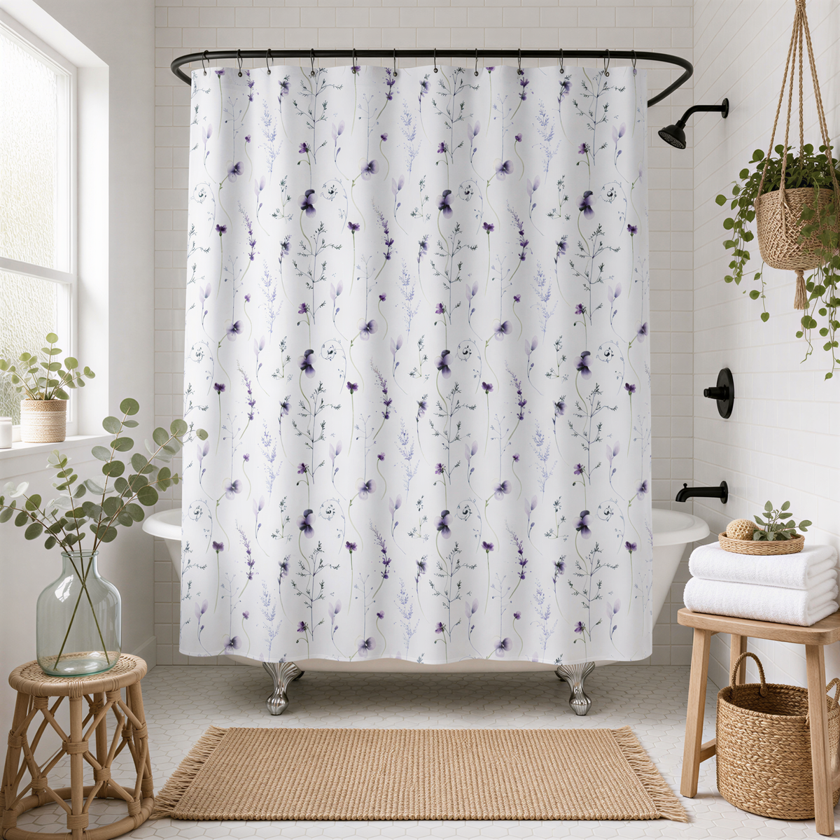 a bathroom with a white bathtub, a shower curtain with a floral pattern, a wooden stool, a woven basket, and potted plants.
