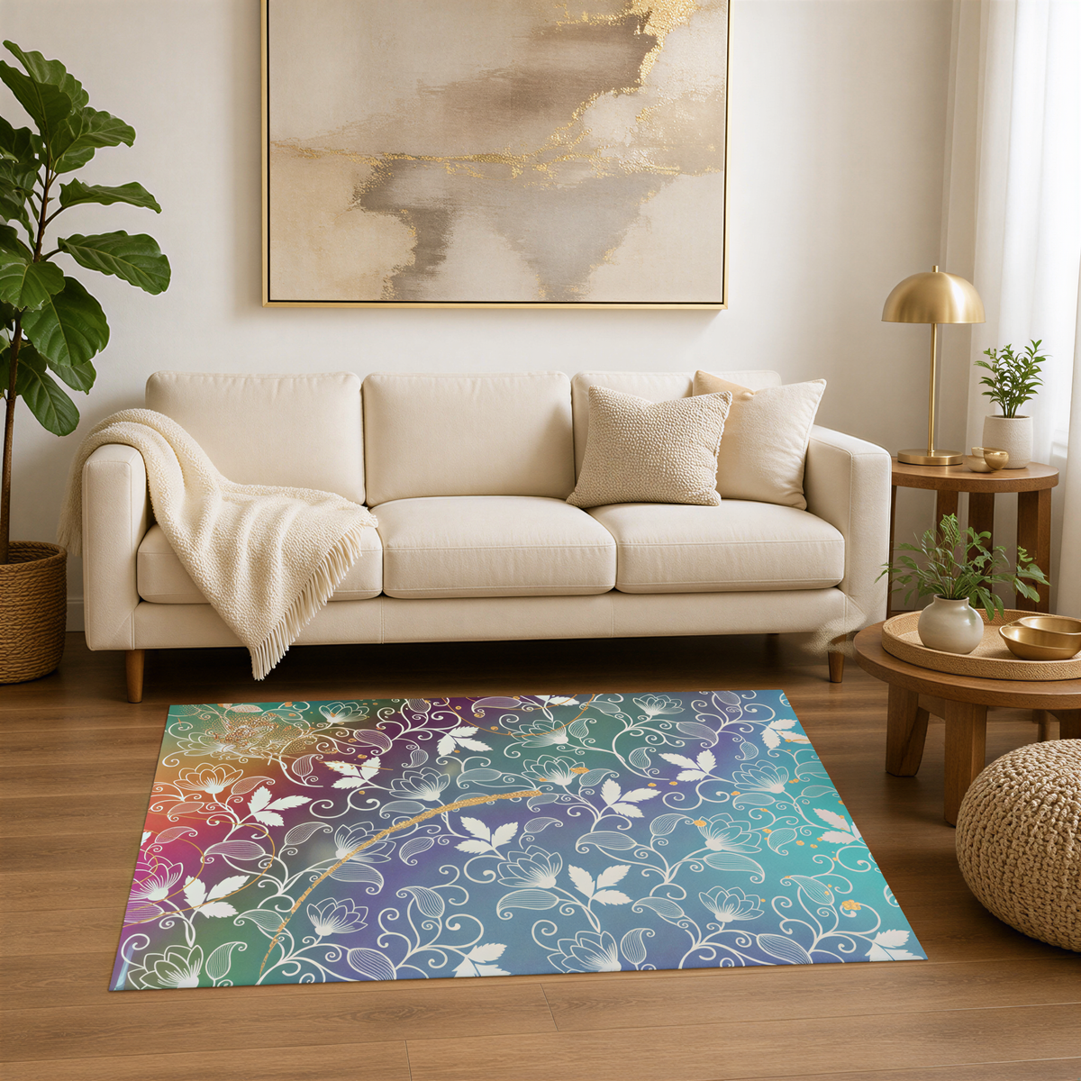 a cozy living room with a white sofa, a colorful area rug, and a large abstract painting on the wall.