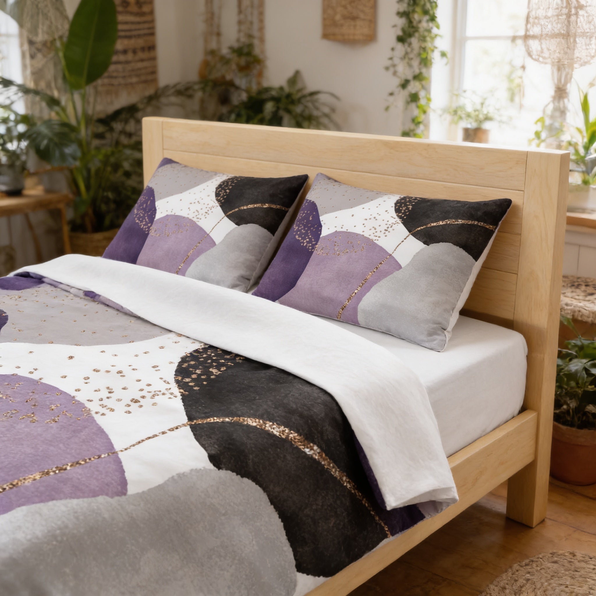 a bedroom with a wooden bed frame and a colorful, abstract-patterned comforter and pillows. The room is decorated with various plants and other furnishings, creating a cozy and inviting atmosphere.