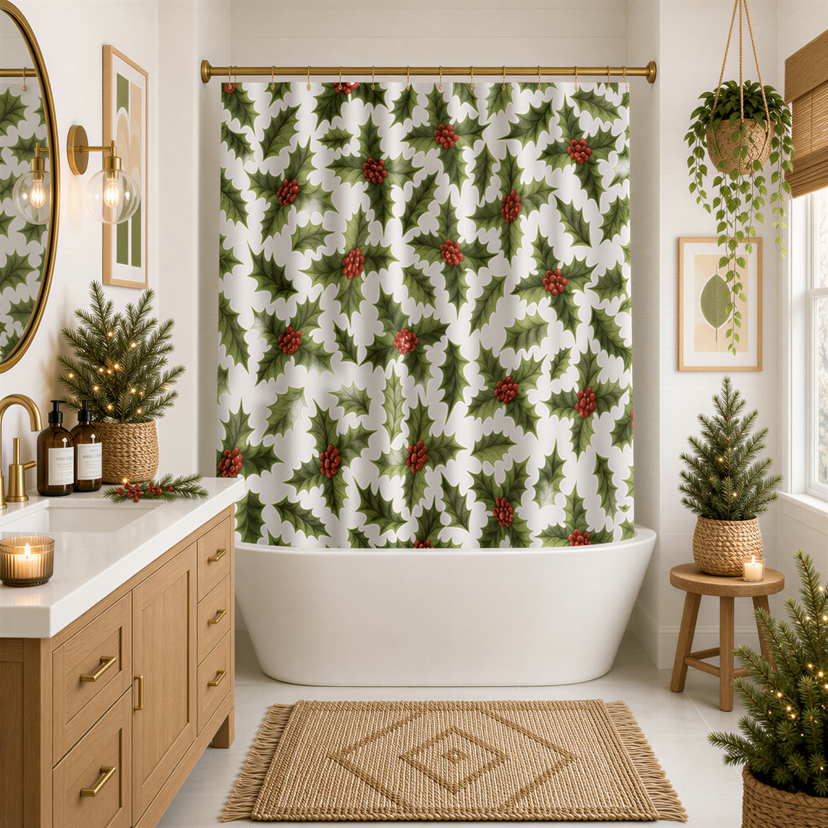 a bathroom decorated for the holidays, featuring a white bathtub, a mirror, a vanity, a rug, and a Christmas-themed shower curtain.