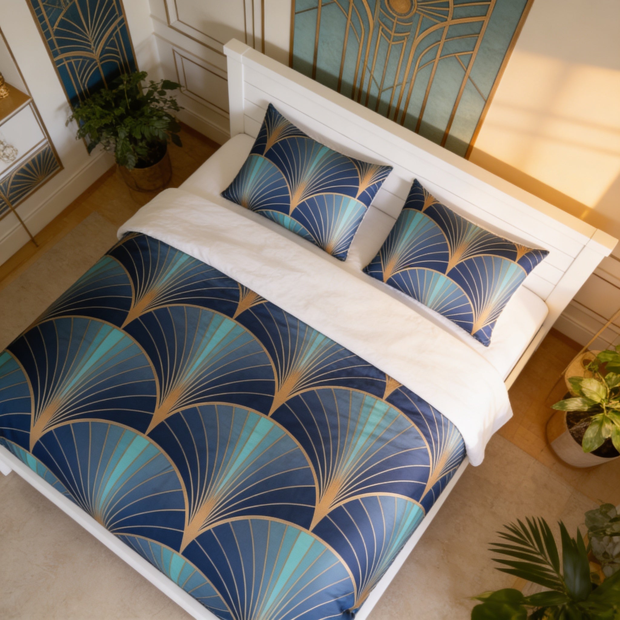 a bedroom with a white bed frame and a blue and gold patterned comforter. The bed is neatly made with white linens and pillows. The room also features decorative elements such as a potted plant and a wall art piece.