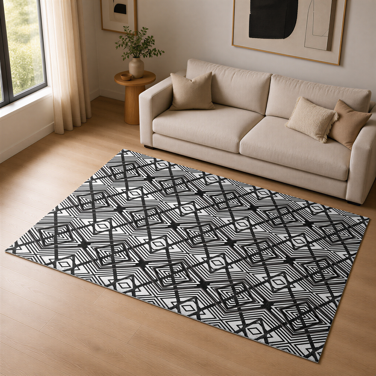 a living room with a large, patterned rug on the floor, a beige sofa, and a wooden side table with a plant.