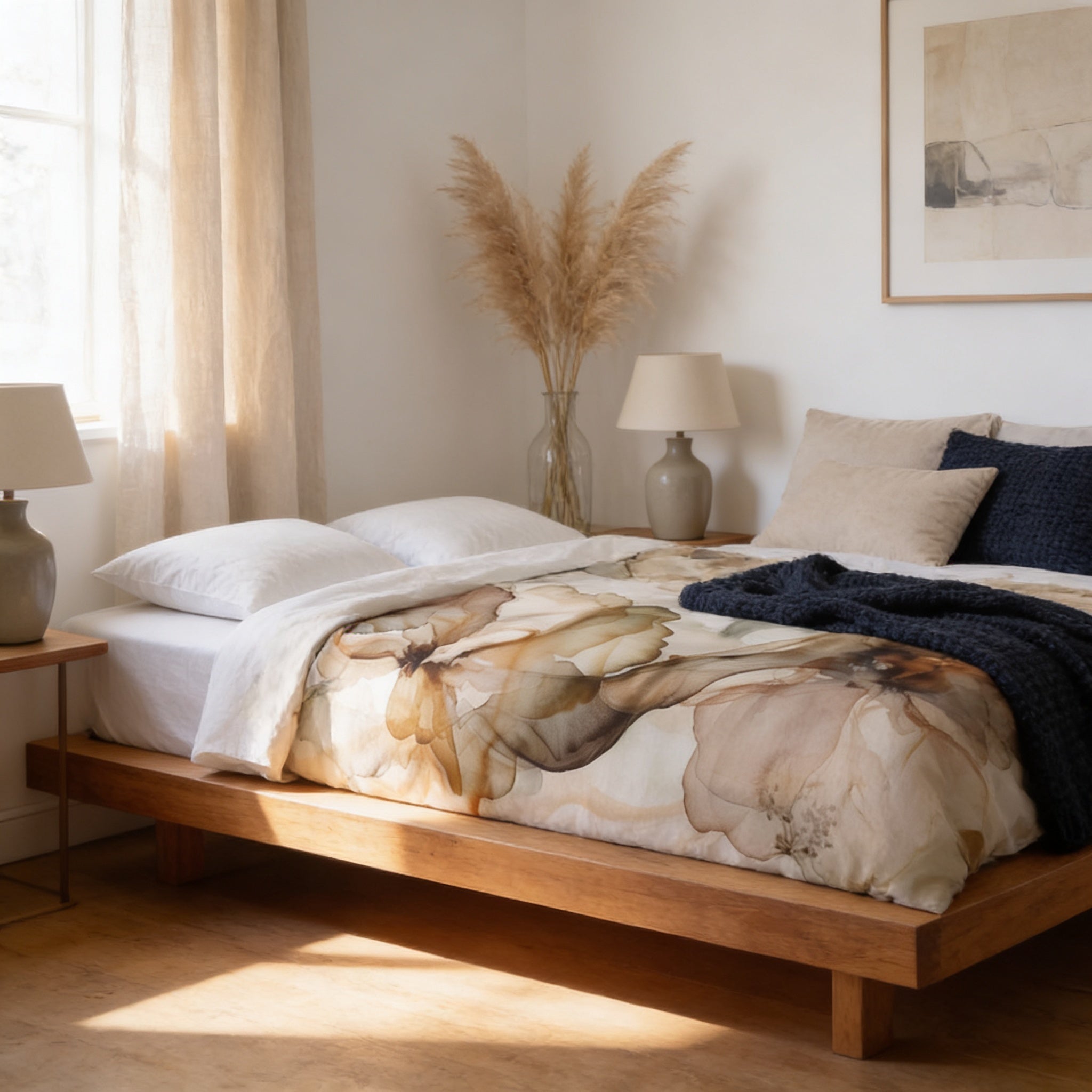 a serene and cozy bedroom with a large bed, a wooden headboard, and a floral bedspread. The room is illuminated by natural light coming through a window, creating a warm and inviting atmosphere.