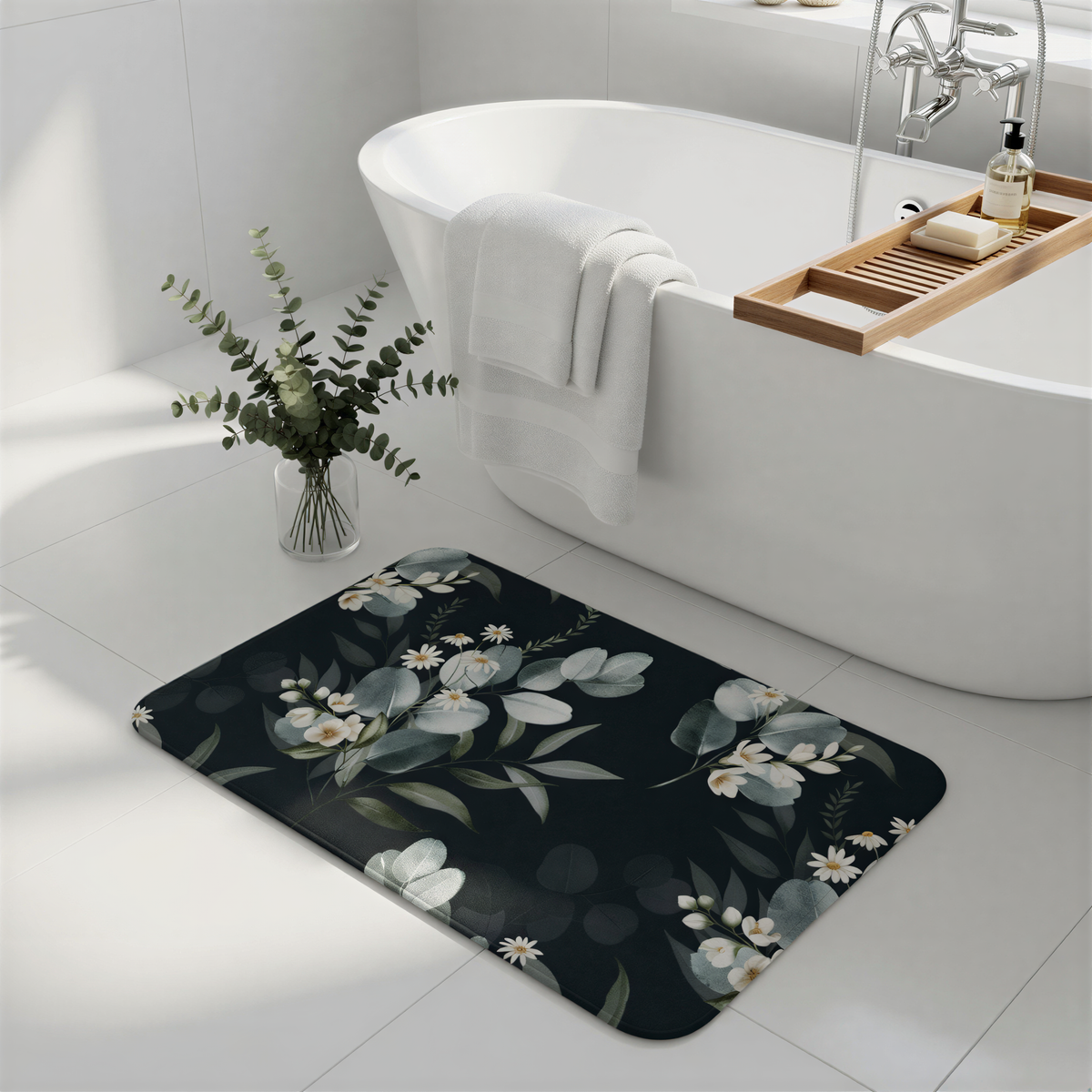 a bathroom with a white bathtub, a black and white floral bath mat, and a vase of greenery on the floor.