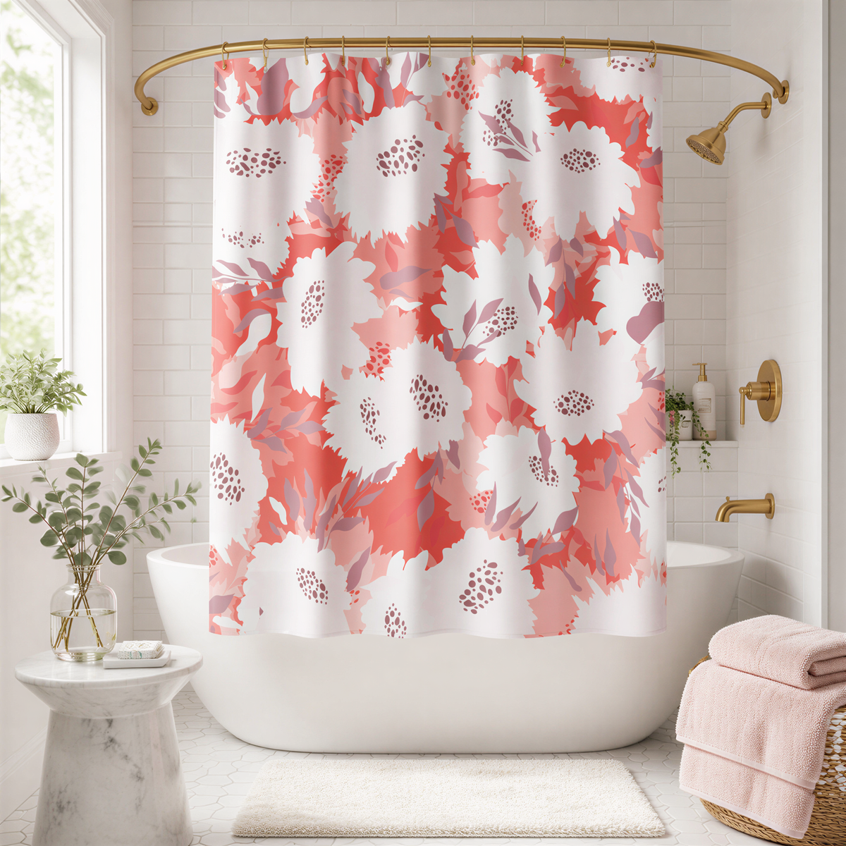 a bathroom with a white bathtub, a shower curtain with a floral pattern in shades of pink and red, and a white marble stool.