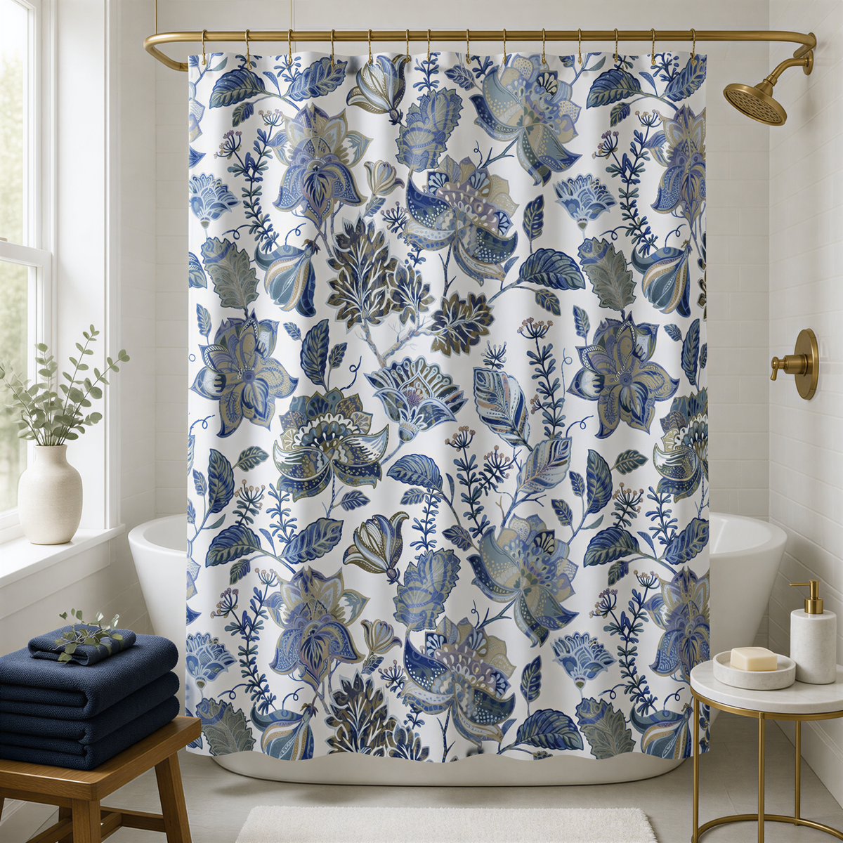 a bathroom with a shower curtain adorned with a floral pattern in shades of blue and white. The shower curtain is hanging from a gold rod, and there is a white bathtub in the background. A small table with a soap dispenser is also present in the room.