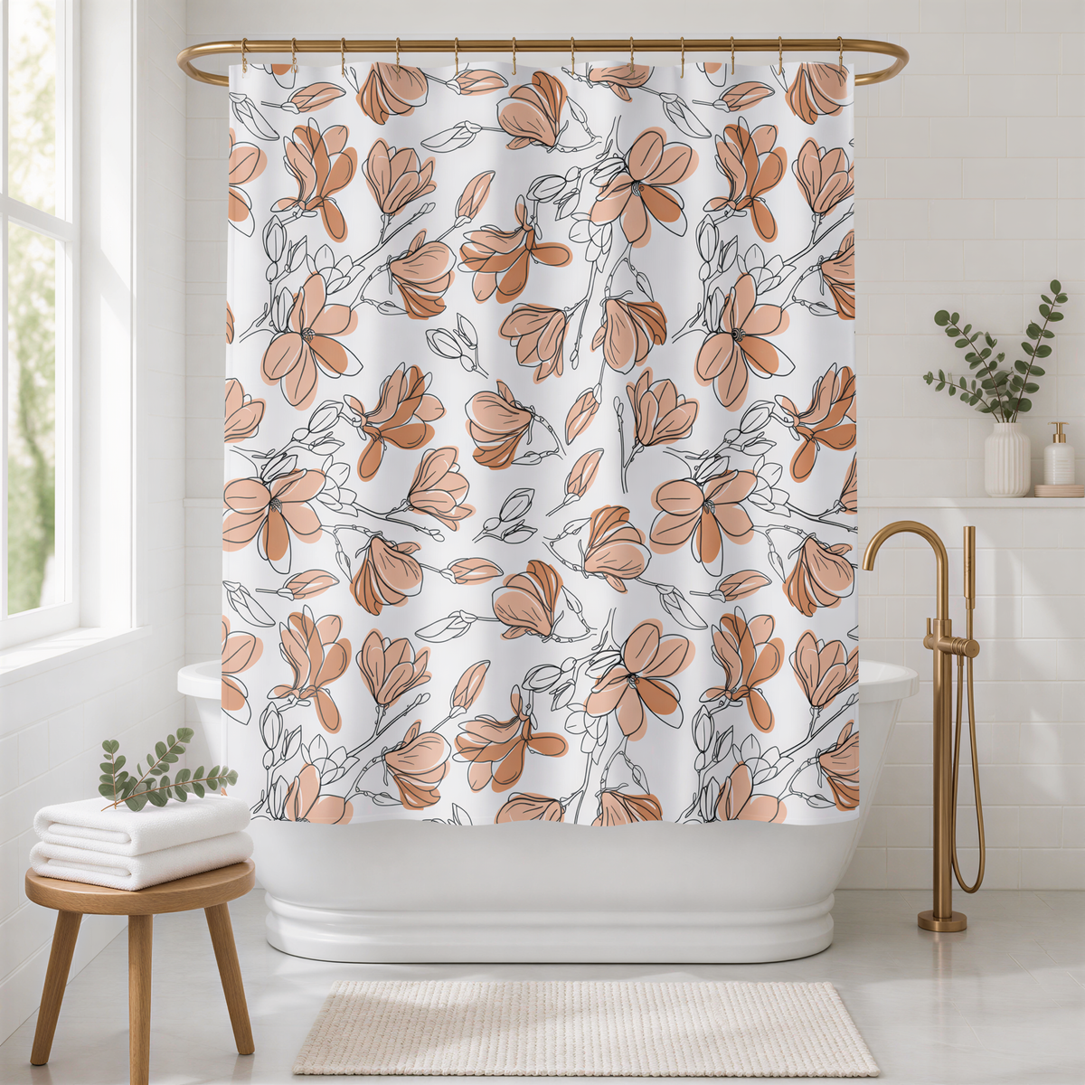a bathroom with a white bathtub, a shower curtain with a floral pattern in shades of orange and white, and a wooden stool.