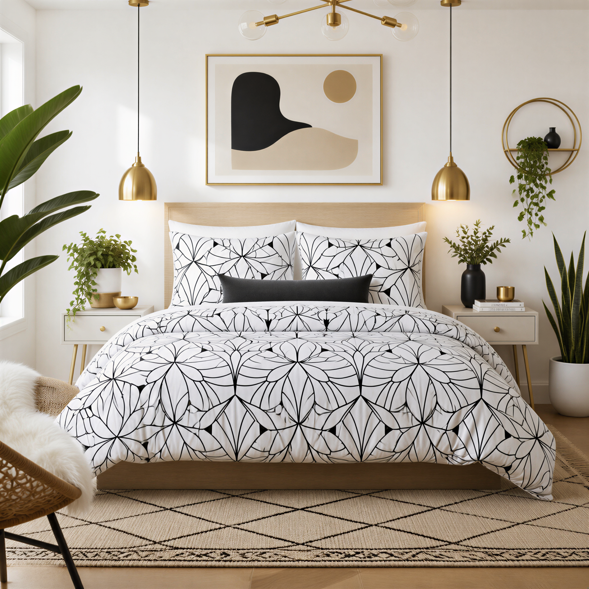 a modern and stylish bedroom with a large bed, a white headboard, and a black and white patterned comforter. The room is decorated with potted plants, a rug, and a large abstract painting on the wall. The overall design and color scheme create a cohesive and visually appealing space.