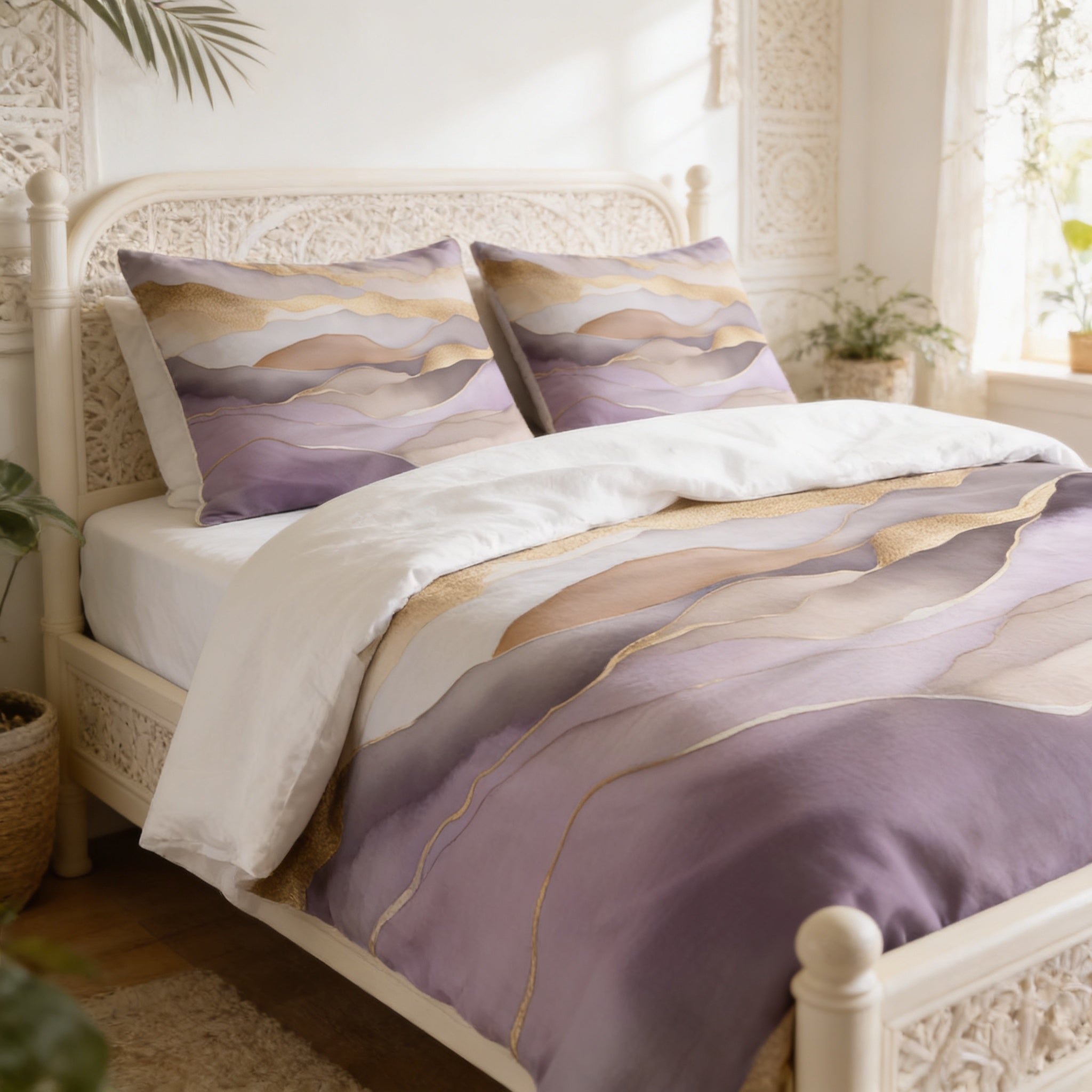 a bedroom with a bed featuring a purple and gold comforter and matching pillows. The bed is set against a white wall with a window, and there are potted plants and a rug in the room.
