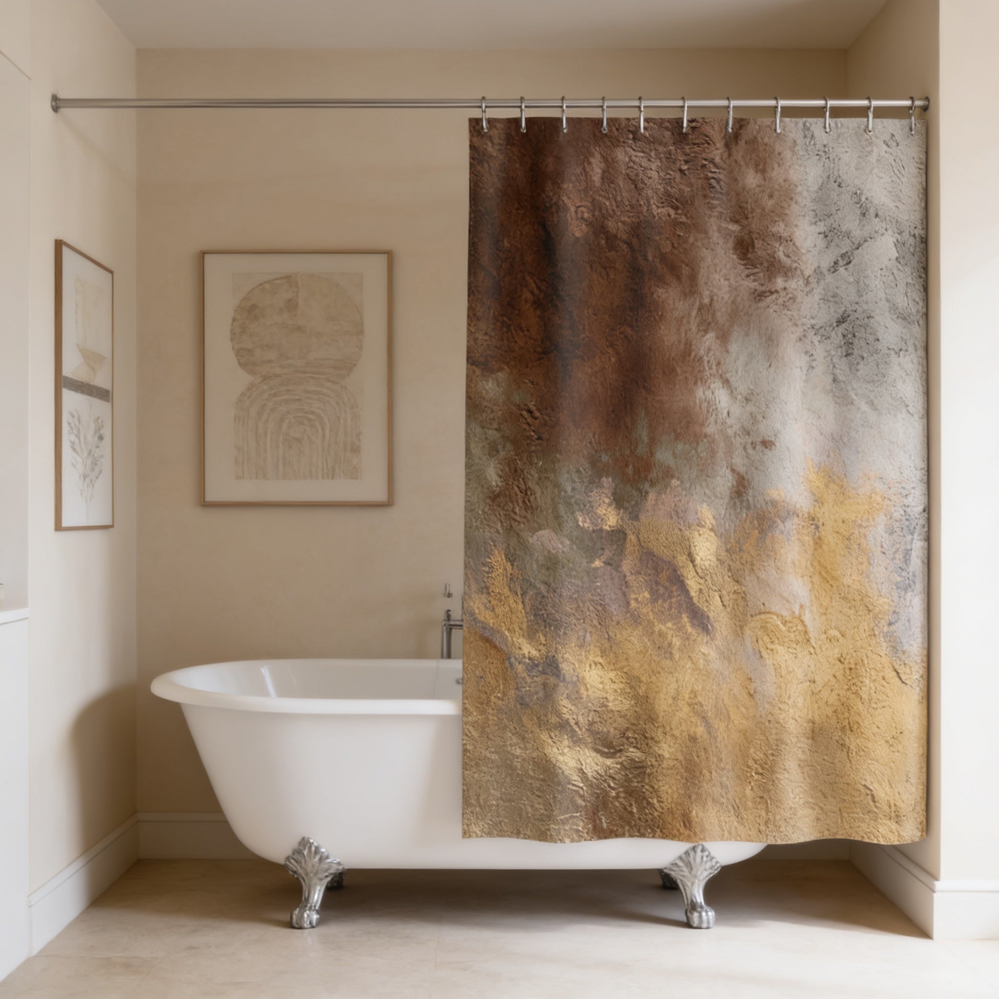 a bathroom with a white clawfoot bathtub, a large abstract painting hanging on the wall, and a shower curtain with a textured design.