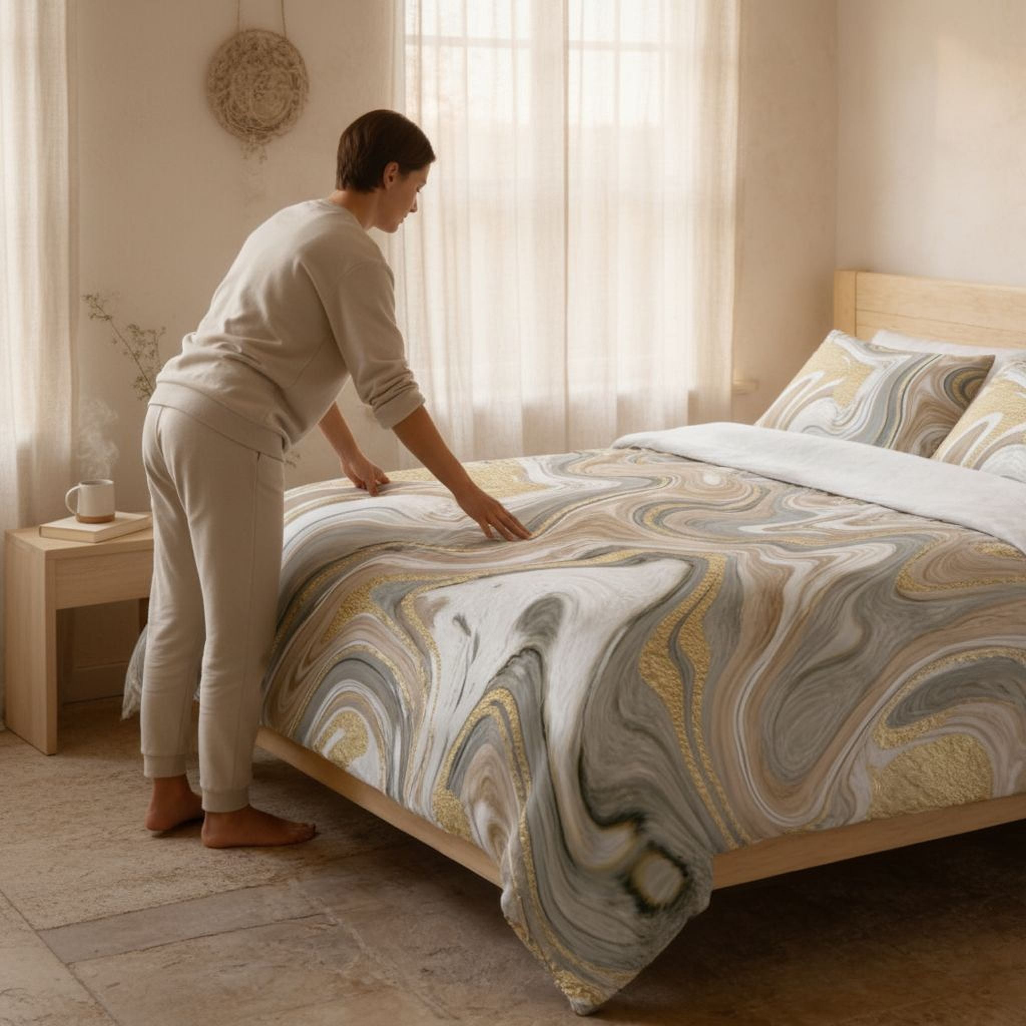 A person in a beige outfit is arranging a bed with a patterned comforter and pillows in a bedroom.