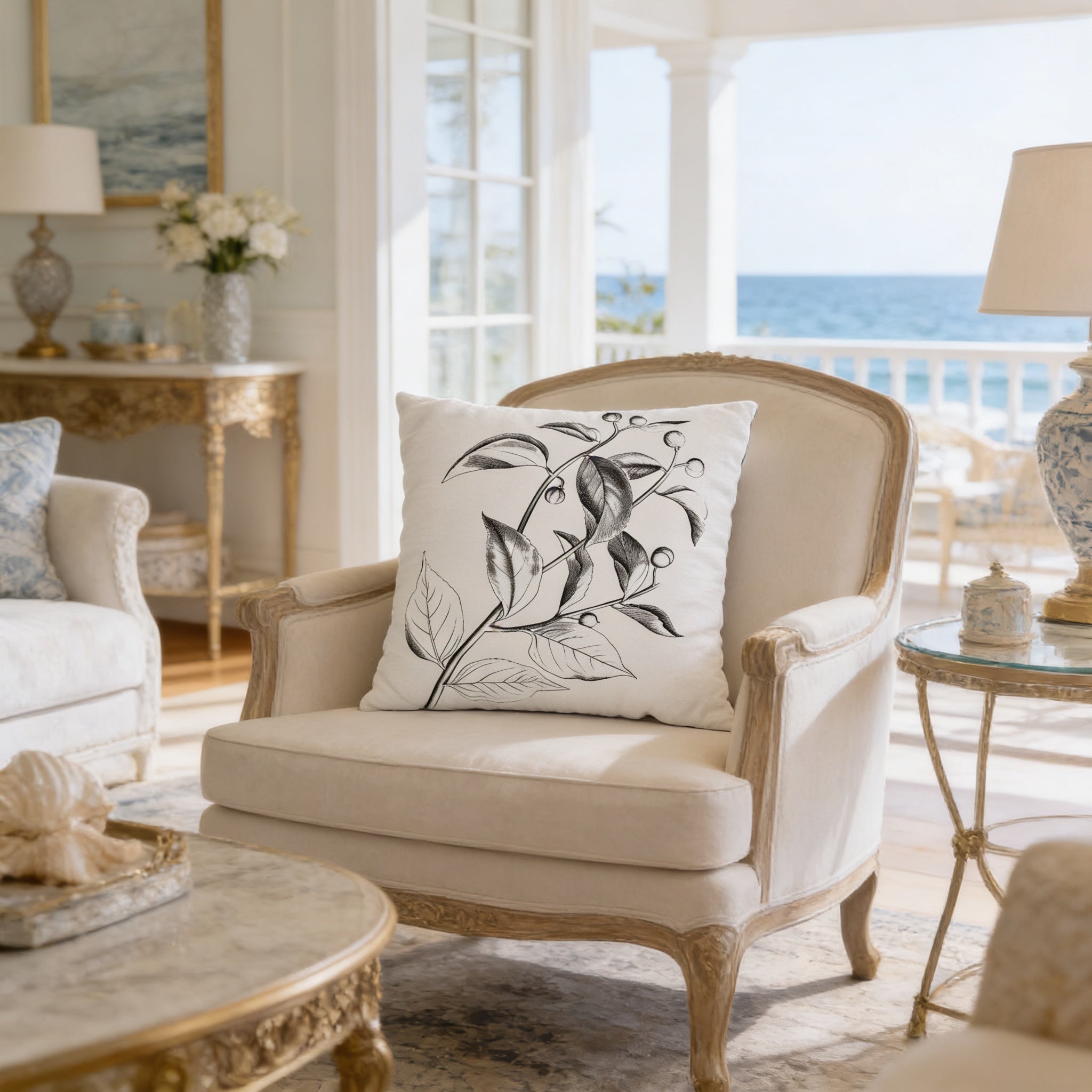 a living room with a beige armchair, a white side table, and a large window overlooking the ocean. The room has a classic, elegant design with white walls, a wooden floor, and a chandelier.
