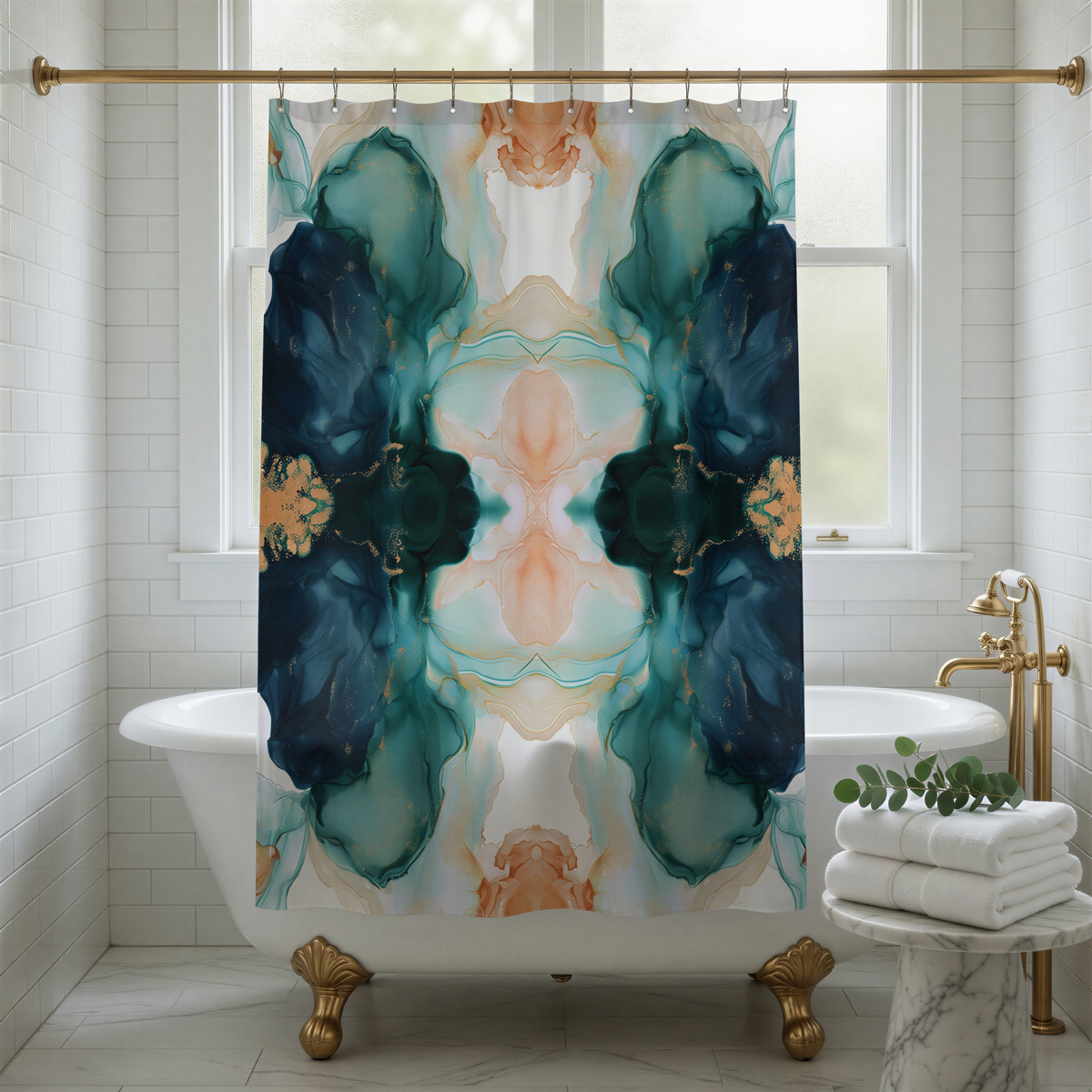 a bathroom with a white bathtub, a shower curtain with a colorful abstract design, and a marble stand with a plant on top.
