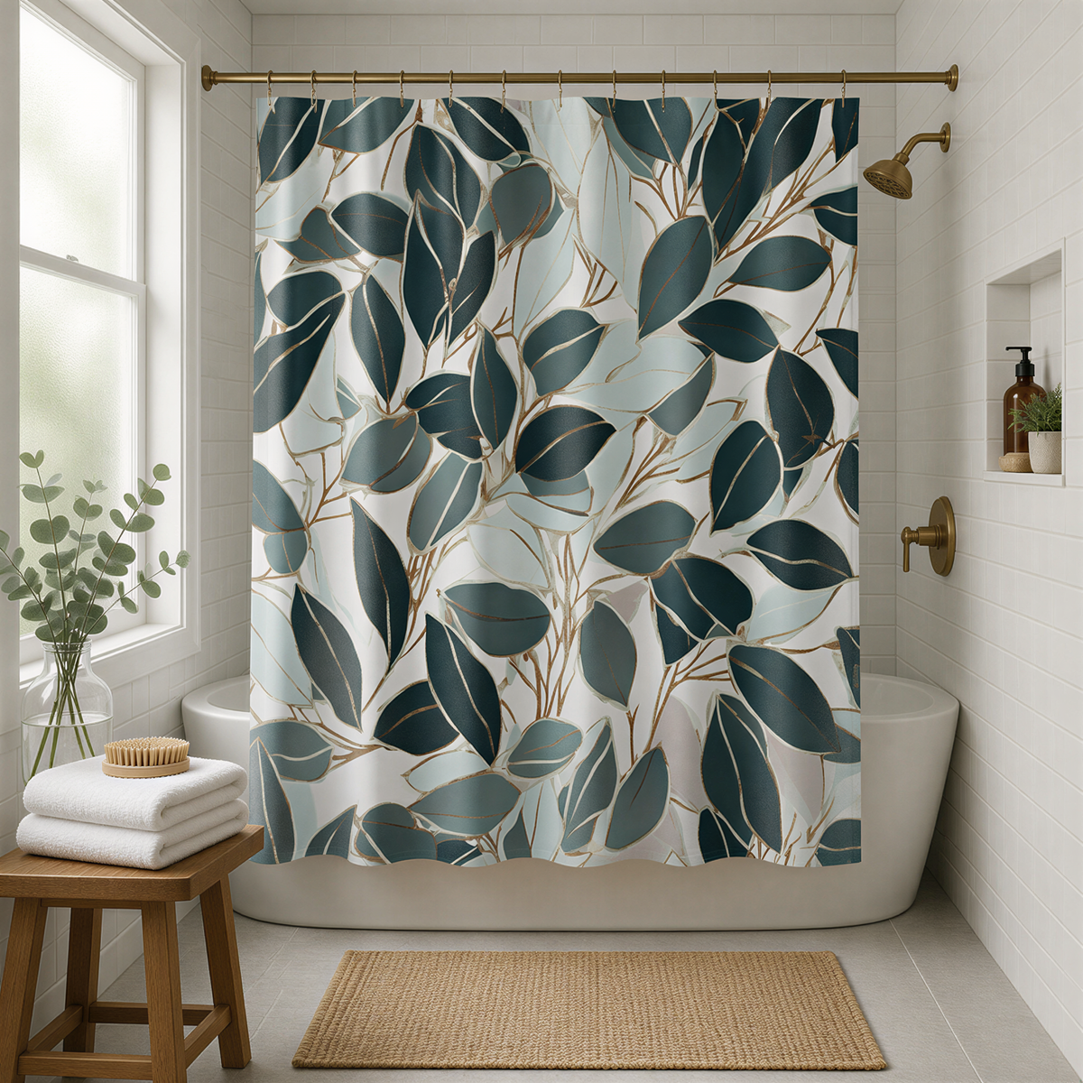 a bathroom with a shower curtain adorned with a leaf pattern in shades of blue and green. The shower curtain is hanging from a rod above a white bathtub. The bathroom also includes a wooden stool, a rug, and a potted plant, creating a cozy and inviting atmosphere.