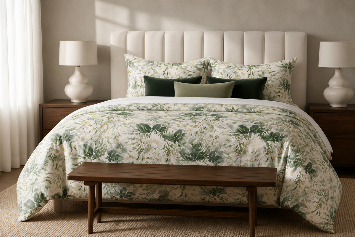 a bedroom with a large bed, a wooden bench, and two lamps on nightstands. The bed is covered in a floral print comforter and has green and white pillows. The room has a neutral color scheme with beige walls and a wooden floor.