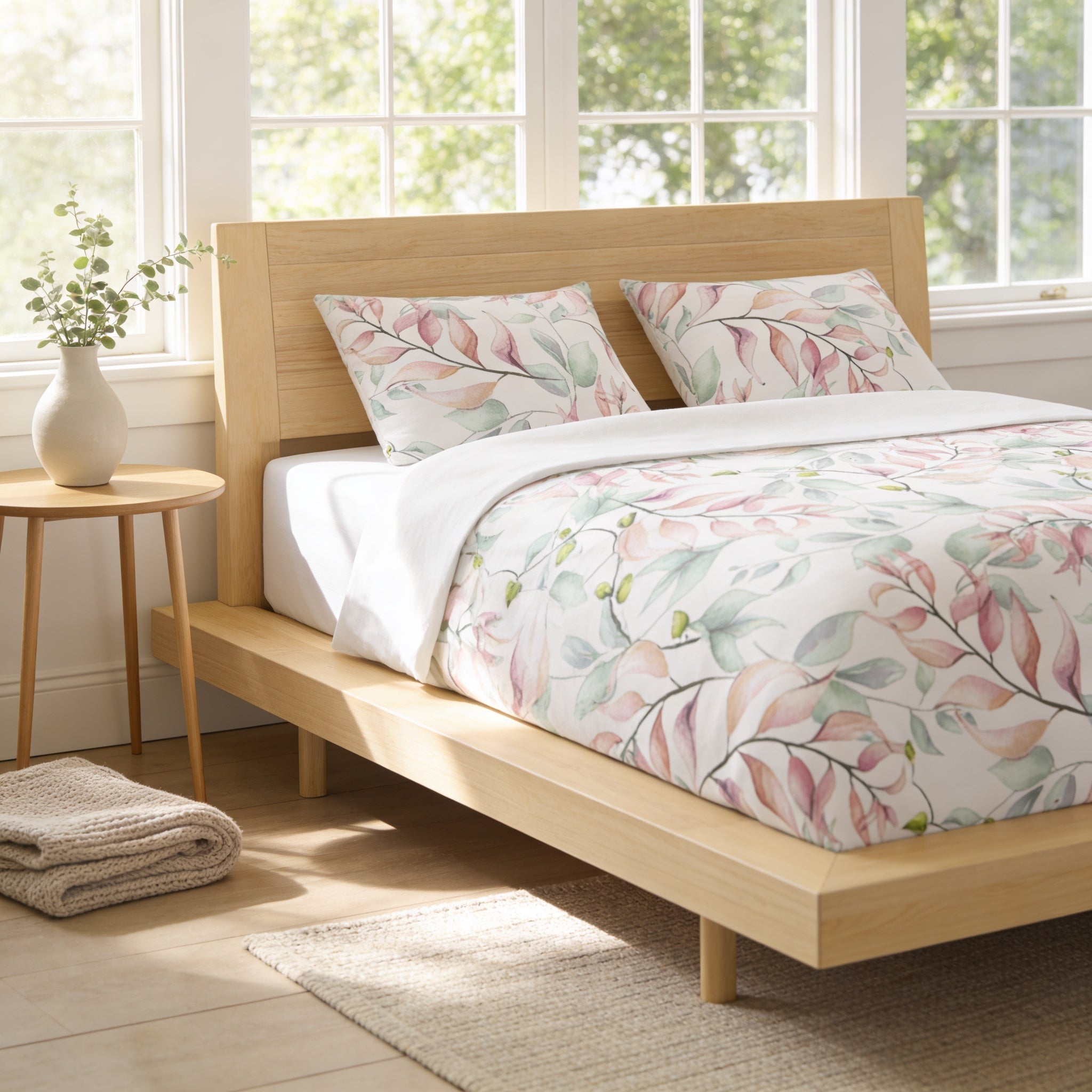 a serene and cozy bedroom scene, featuring a wooden bed with a floral patterned comforter and pillows, a small side table with a vase of greenery, and a rug on the floor.