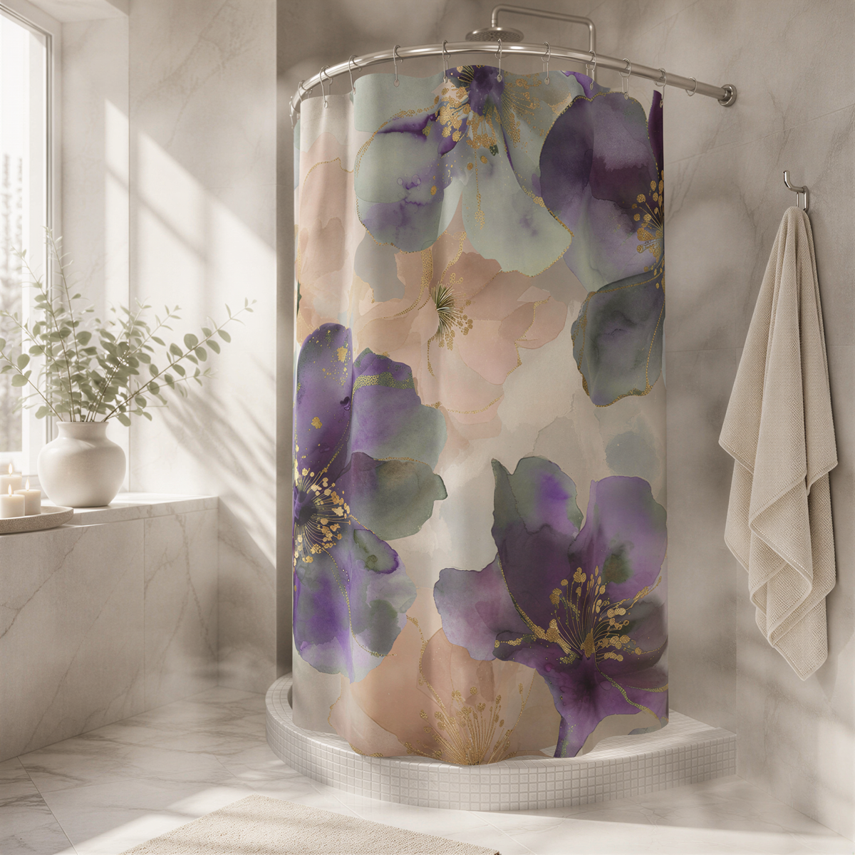 a bathroom with a shower curtain adorned with a floral pattern in shades of purple and green. The shower curtain is hanging from a rod, and there is a towel hanging on the wall next to it. The bathroom has a marble-like finish, and a potted plant is visible in the corner.