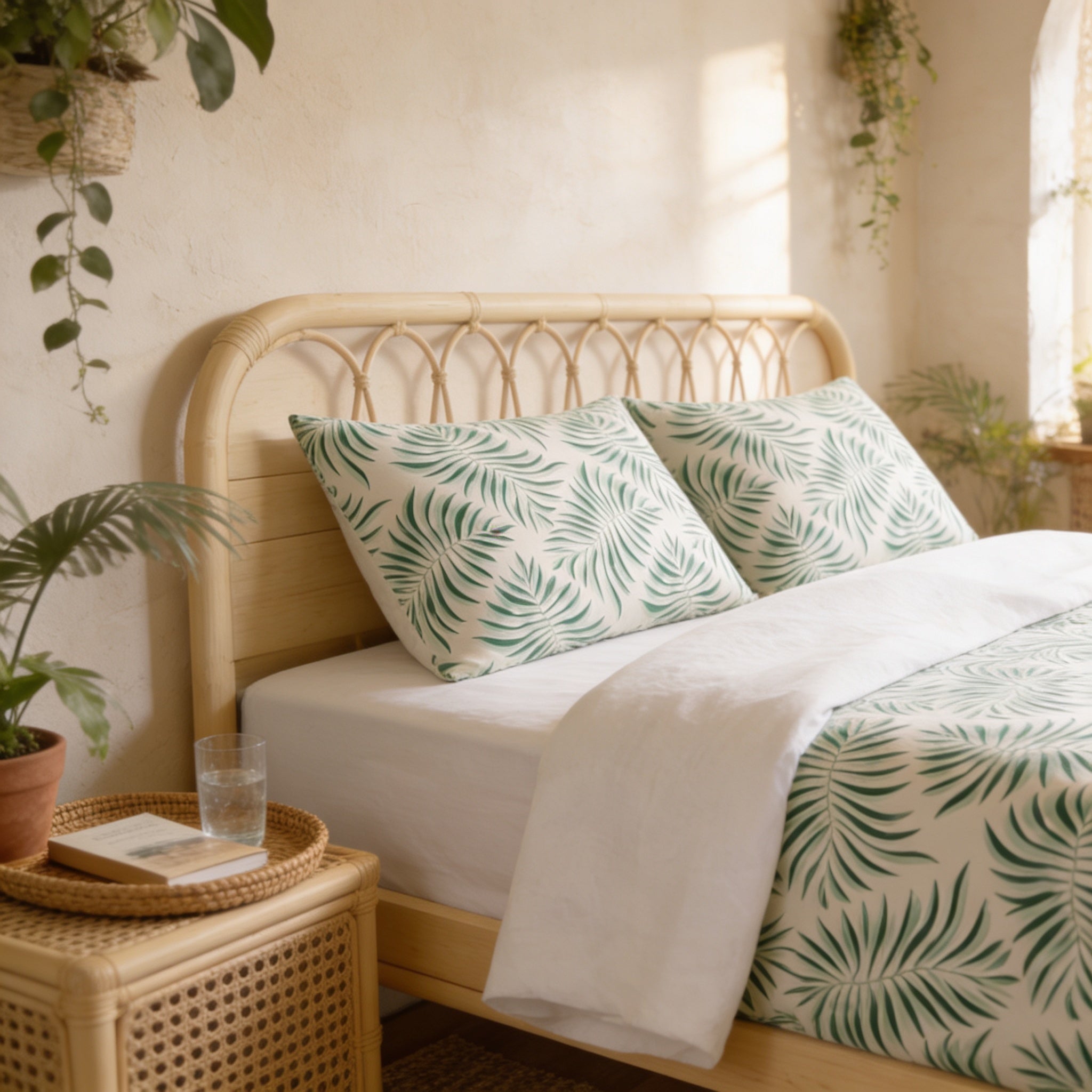 a cozy bedroom with a bed adorned with a white and green leafy patterned bedspread and matching pillows. The bed is framed by a wooden headboard, and the room is decorated with potted plants and a woven side table.