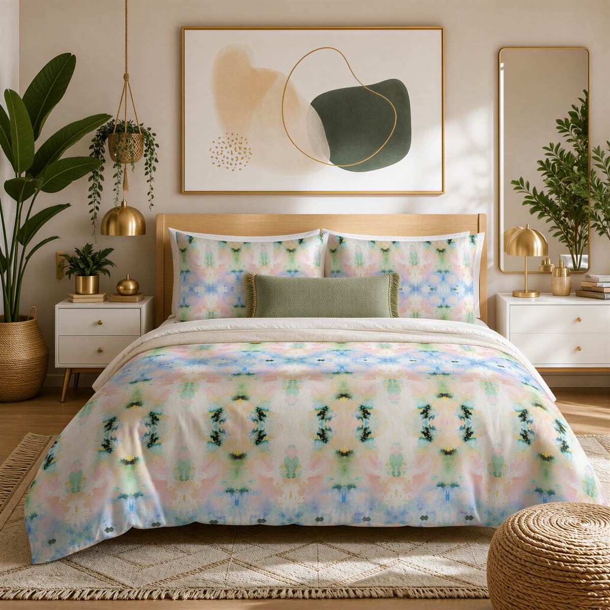 a well-decorated bedroom with a large bed, a framed abstract artwork on the wall, and various decorative elements such as potted plants and a woven ottoman.