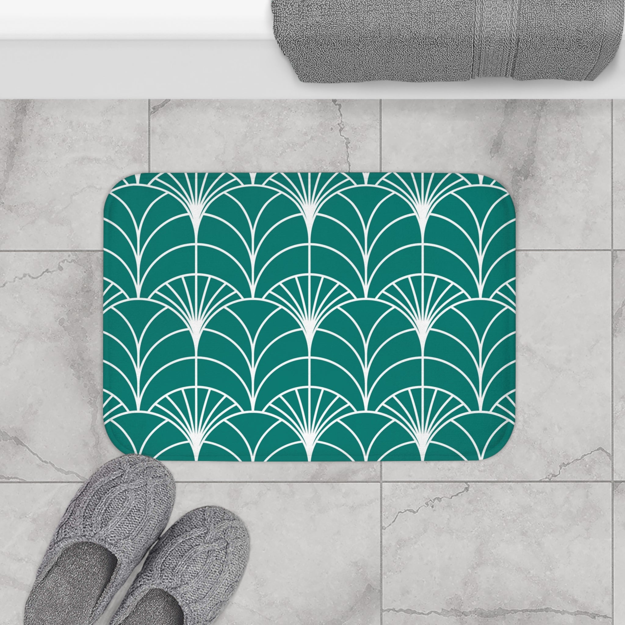 Boho Bath, Kitchen Mat | Art Deco Sea Green White