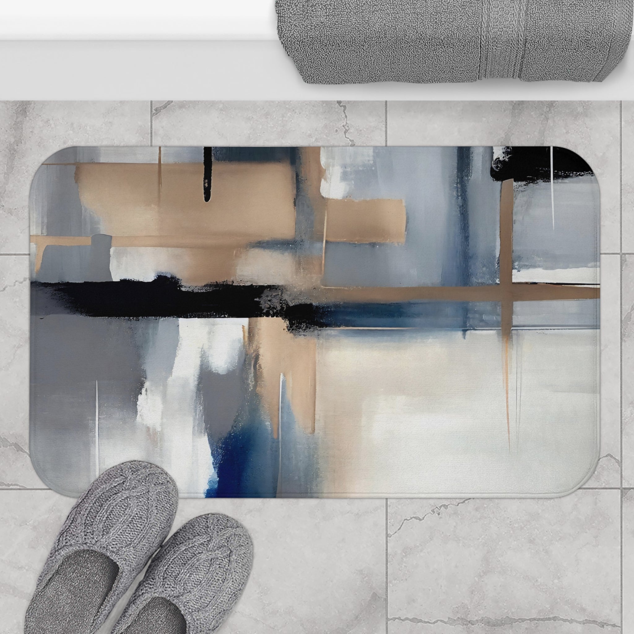 Abstract Bath Mat | Blue Beige White Black Ombre Kitchen Mat