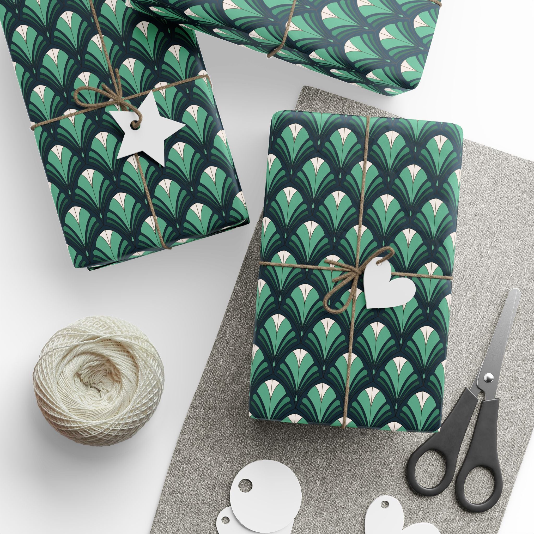 Art Deco Wrapping Papers, Sage Green Navy Blue White for the Holidays, Birthdays