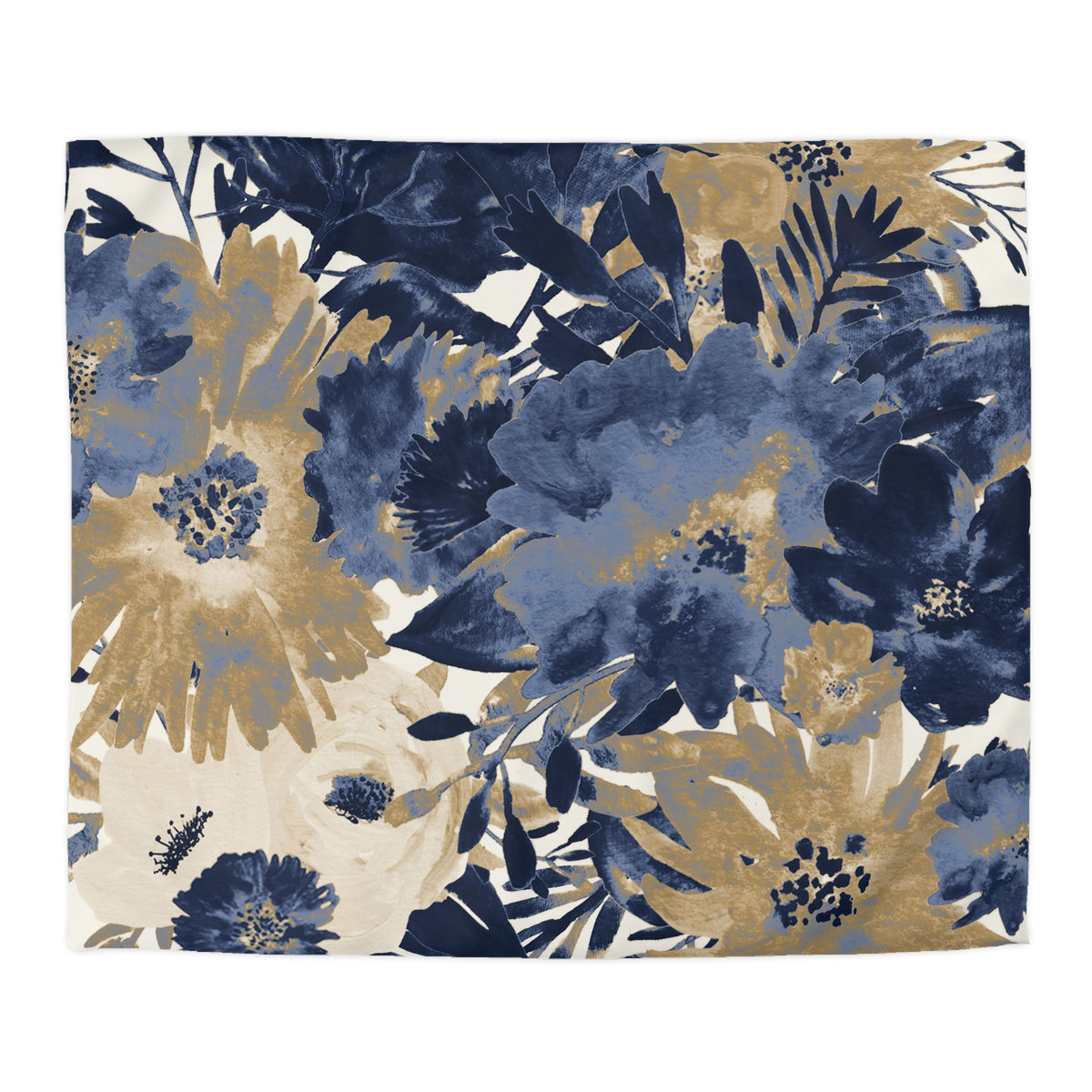 a vibrant floral pattern with blue, gold, and white colors. The pattern includes various flowers and leaves in shades of blue, gold, and white, creating a visually striking and intricate design.