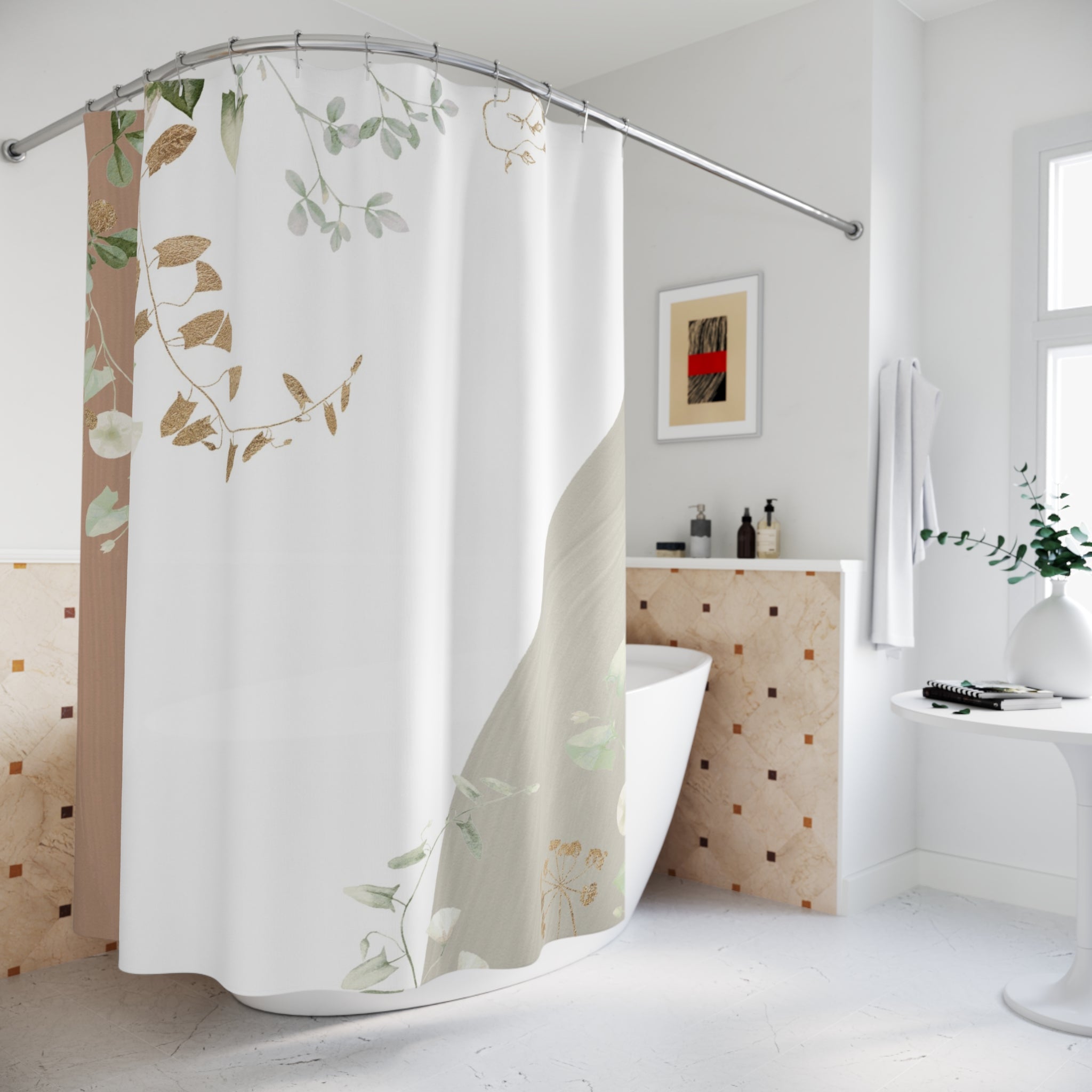 White Shower Curtain | Floral, Beige Grey, Green