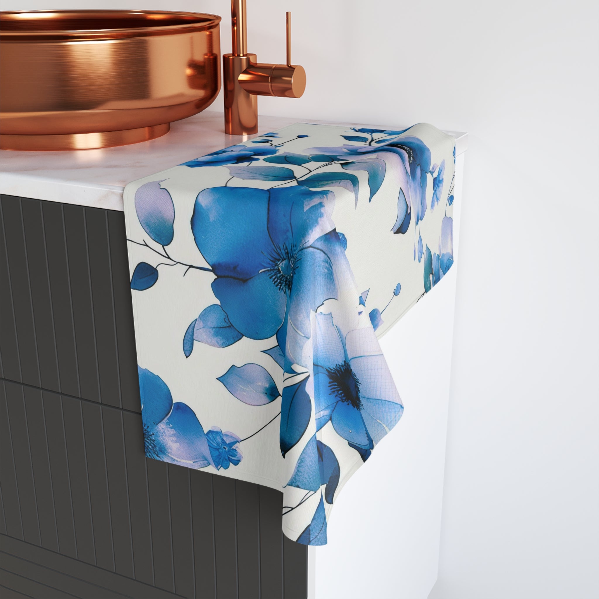 Kitchen, Bath Hand Towel | Floral, Indigo Blue, Lavender White