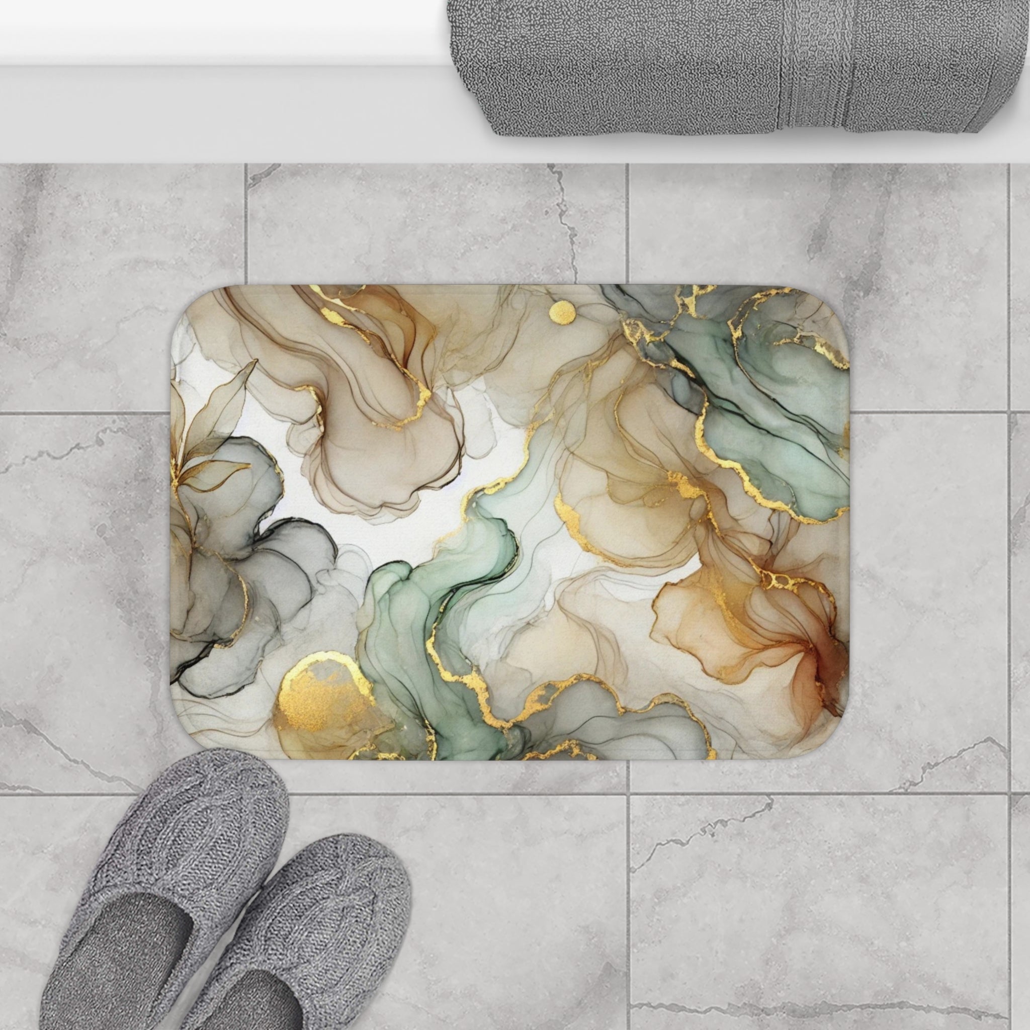 Abstract Bath Mat | Beige Green Watercolor Kitchen Mat