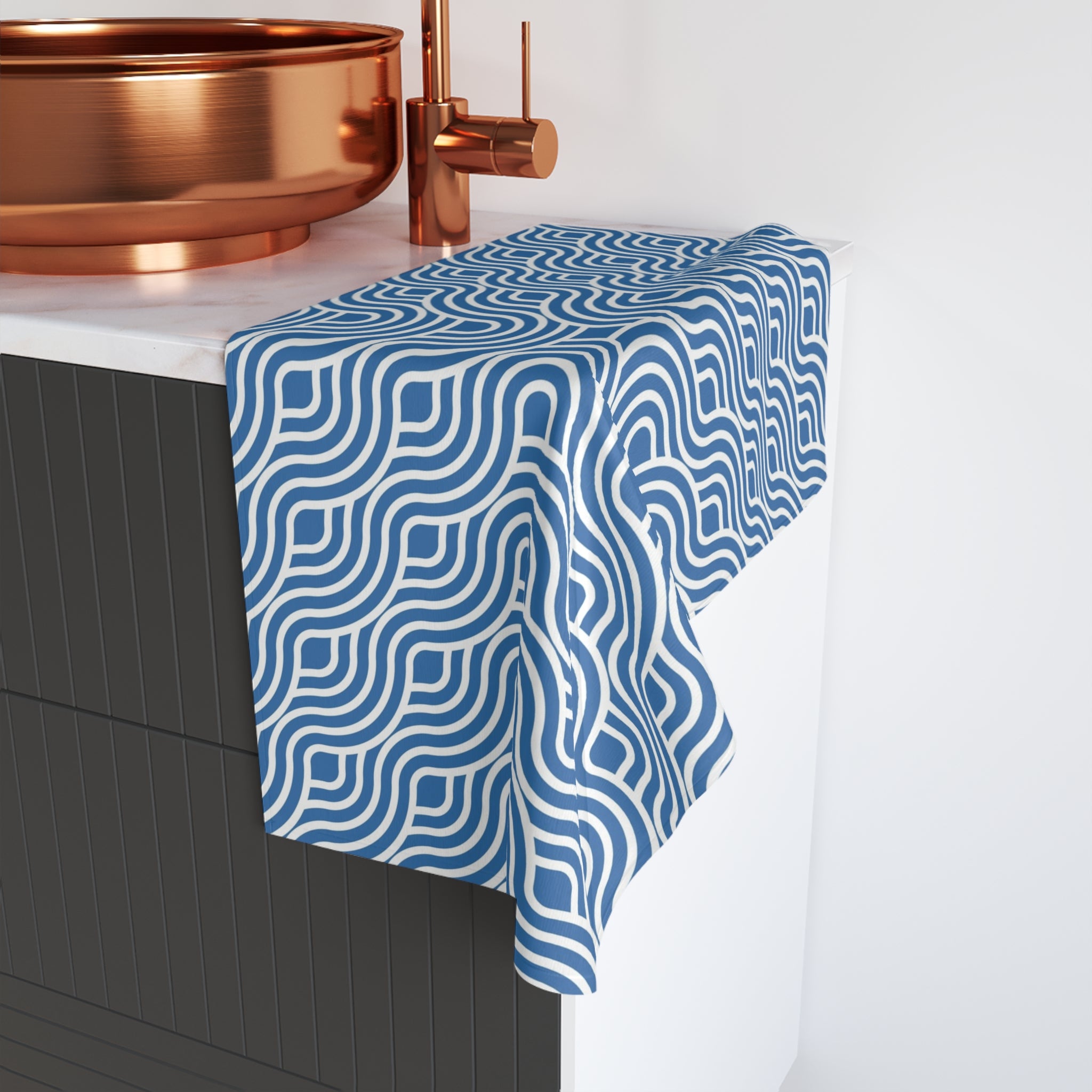 Art Deco Kitchen, Bath Hand Towel | Retro Blue White, Art Nouveau Waves