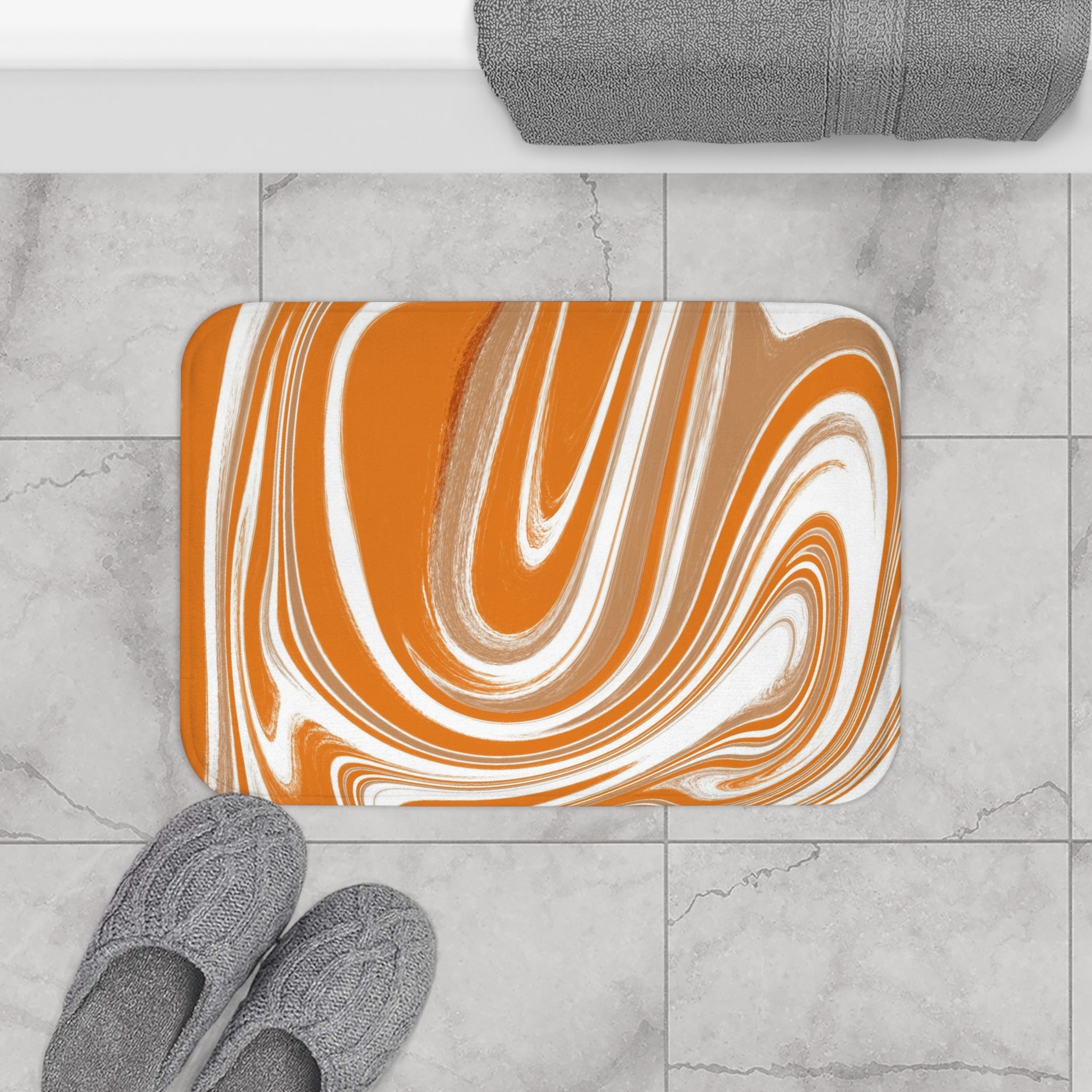 Abstract Bath, Kitchen Mat, Rug | Orange Beige White Marble