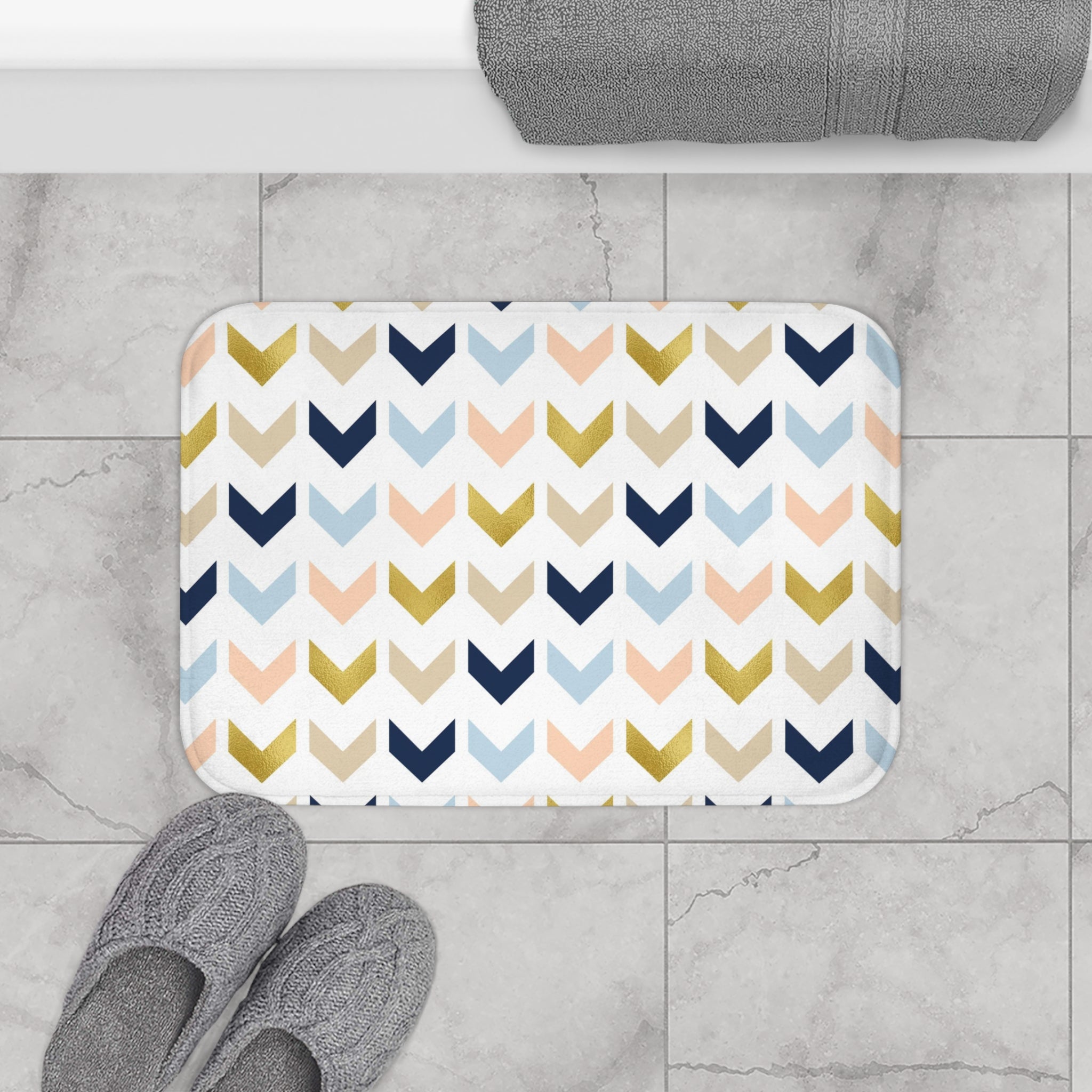 Abstract Bath Mat | Chevron Navy Blue, Beige Arrows