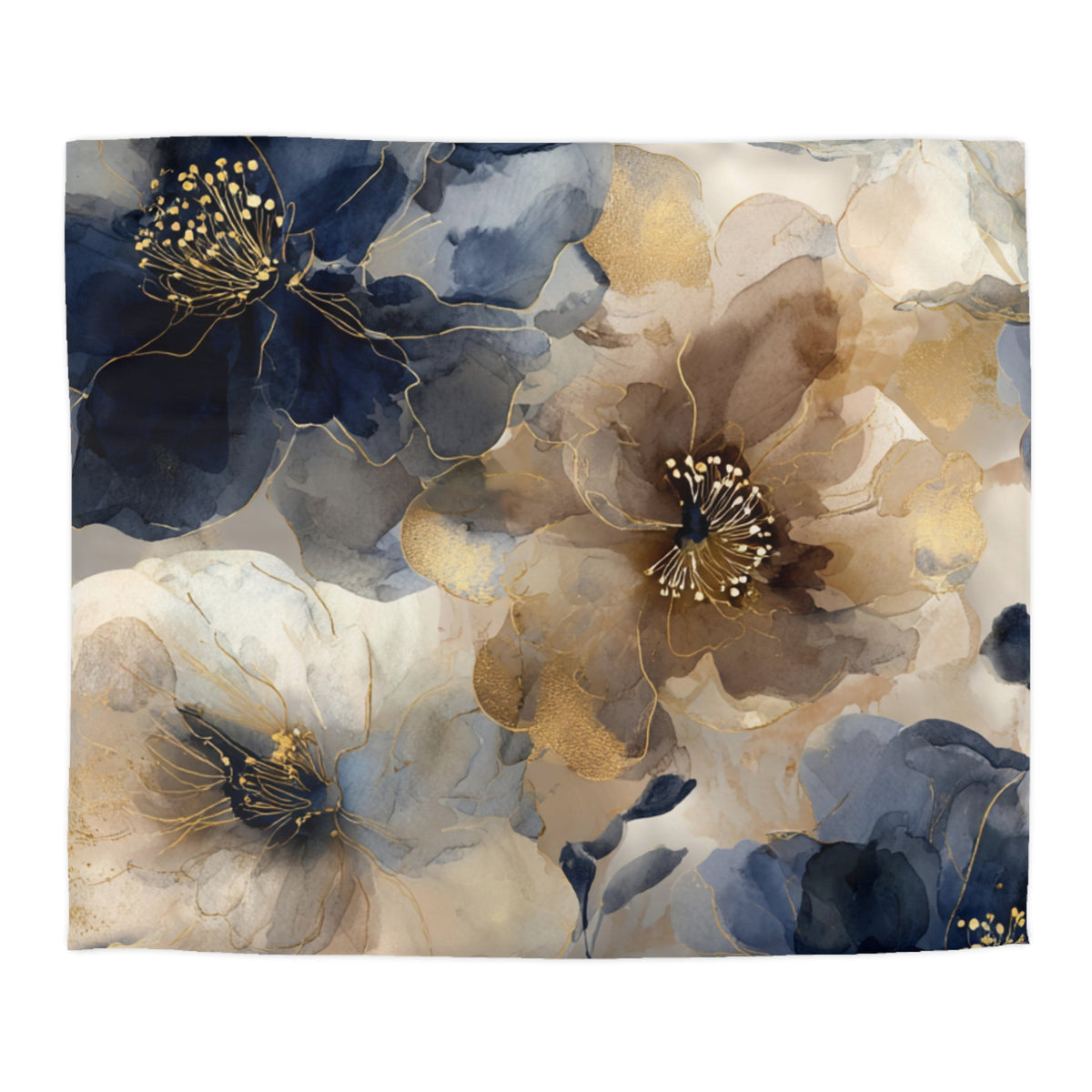 The image is a watercolor painting featuring a floral design with blue, brown, and white colors. The painting has a dreamy and ethereal quality, with the flowers appearing to be in motion and the colors blending together in a harmonious composition.
