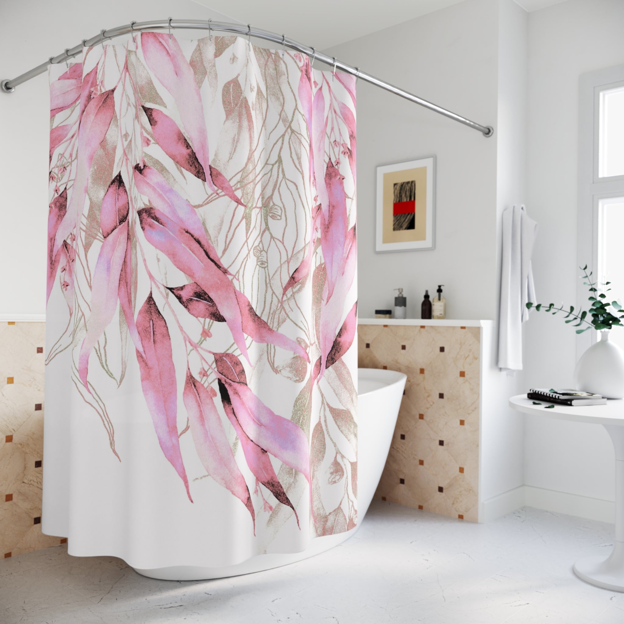 Boho Shower Curtain | Pink Floral Leaves Watercolor Fabric Curtain