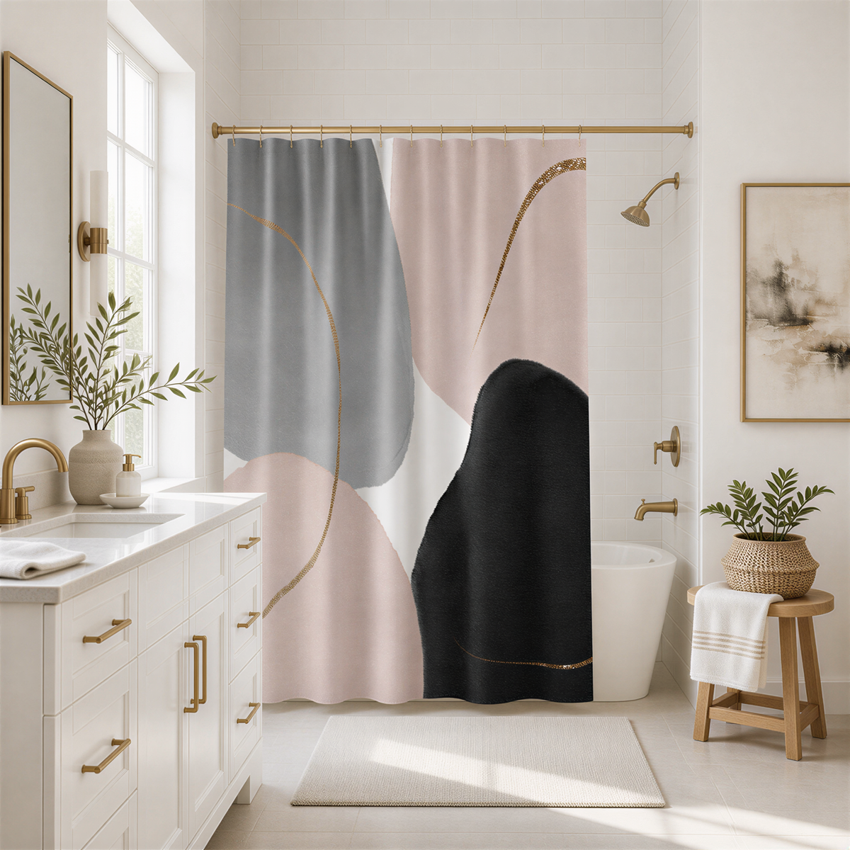 a modern bathroom with a white vanity, a large abstract shower curtain, and a wooden stool.