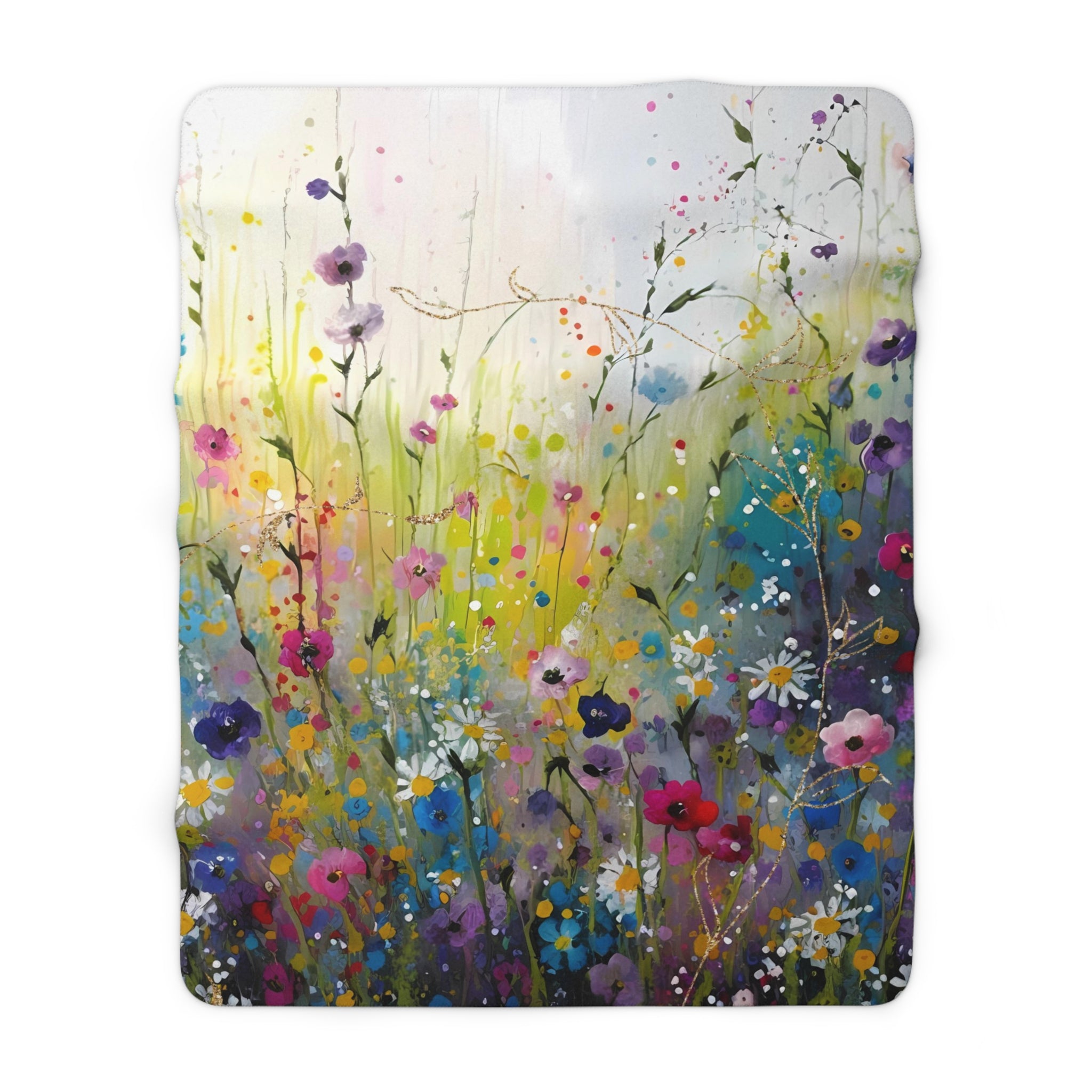 The image is a vibrant and colorful painting of a field filled with a variety of flowers, including daisies, poppies, and other blooms in shades of pink, purple, yellow, and green.