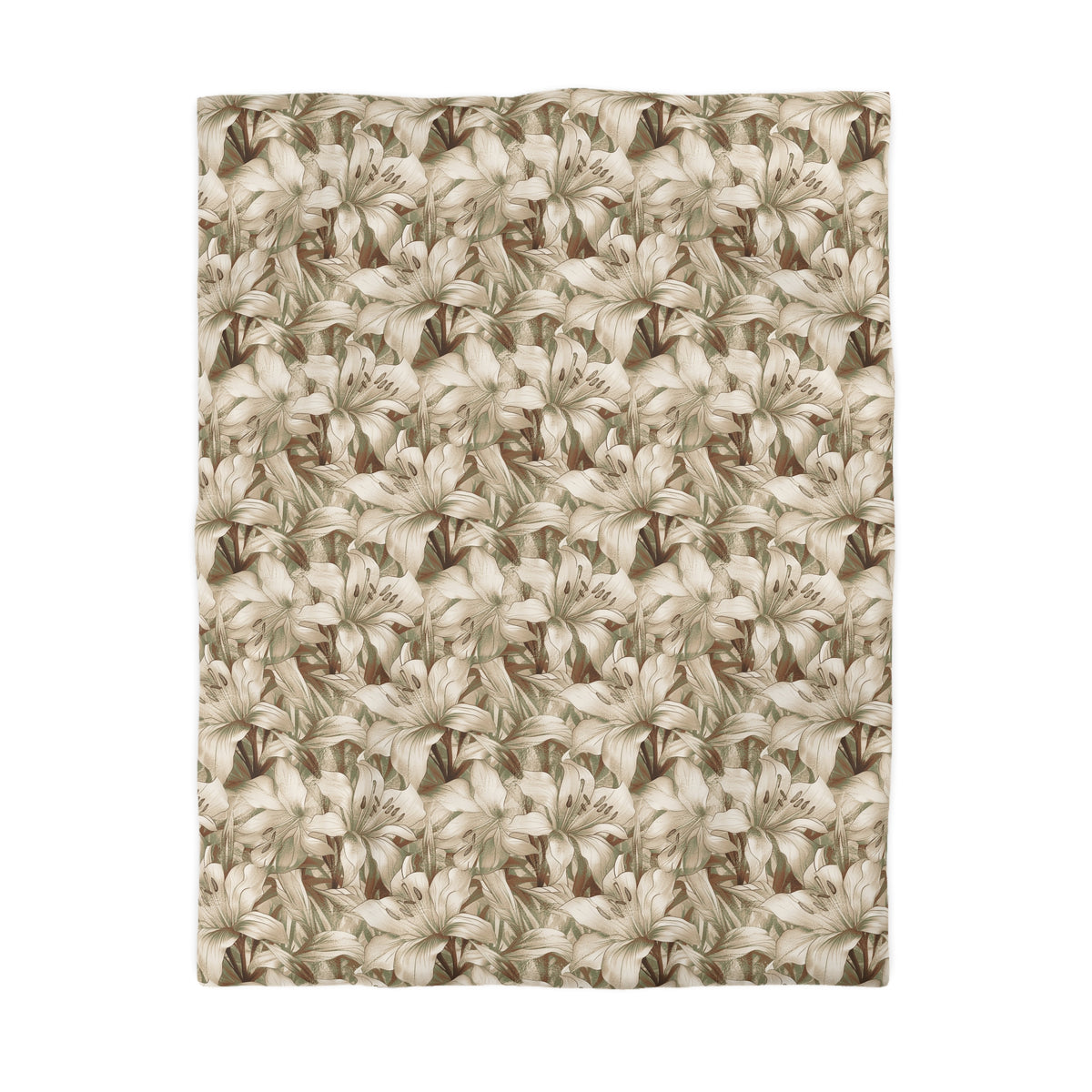 a repeating pattern of large, white lilies against a light brown background.