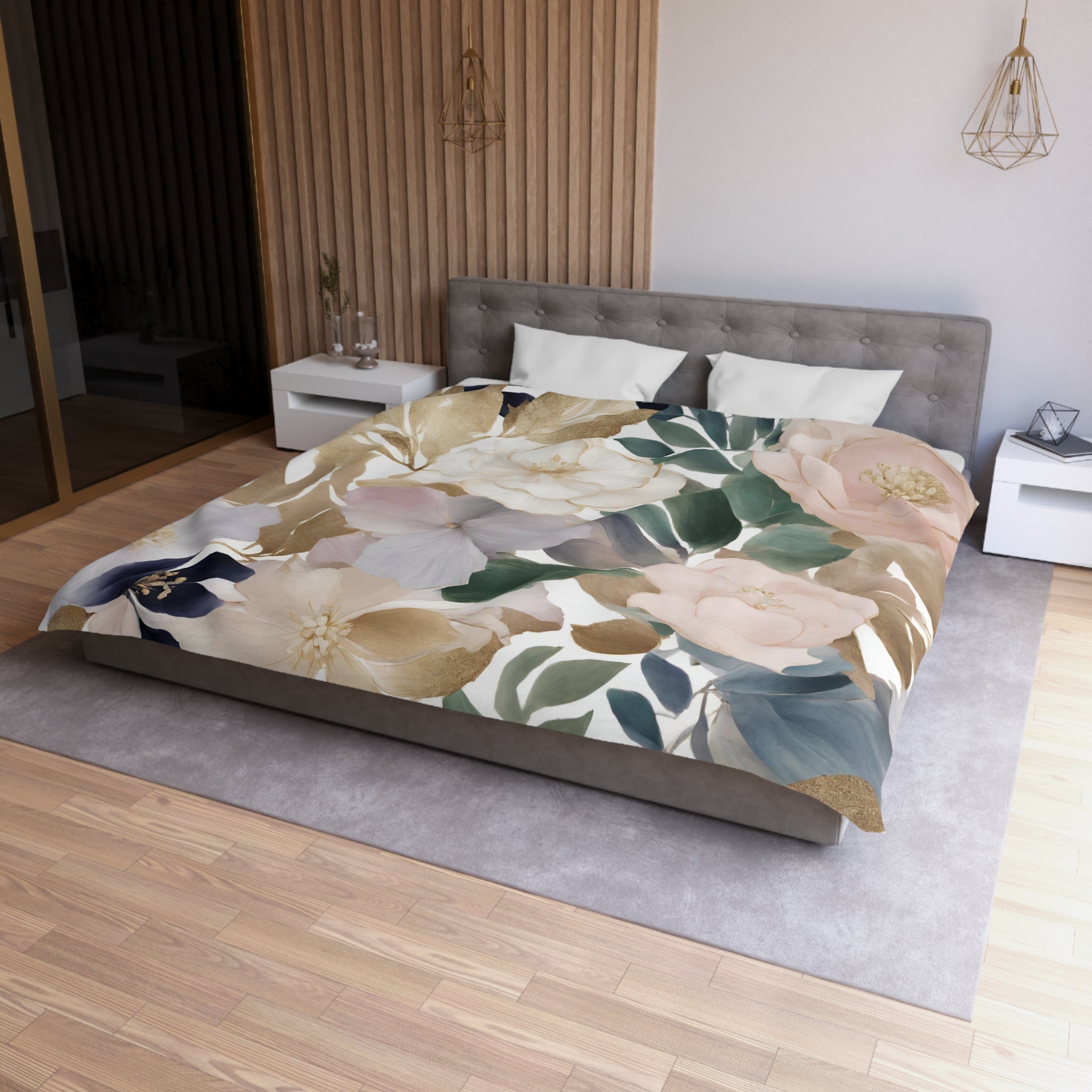 Boho Floral Duvet Cover | White Green, Blush Green, Beige Botanical | Bedroom Decor