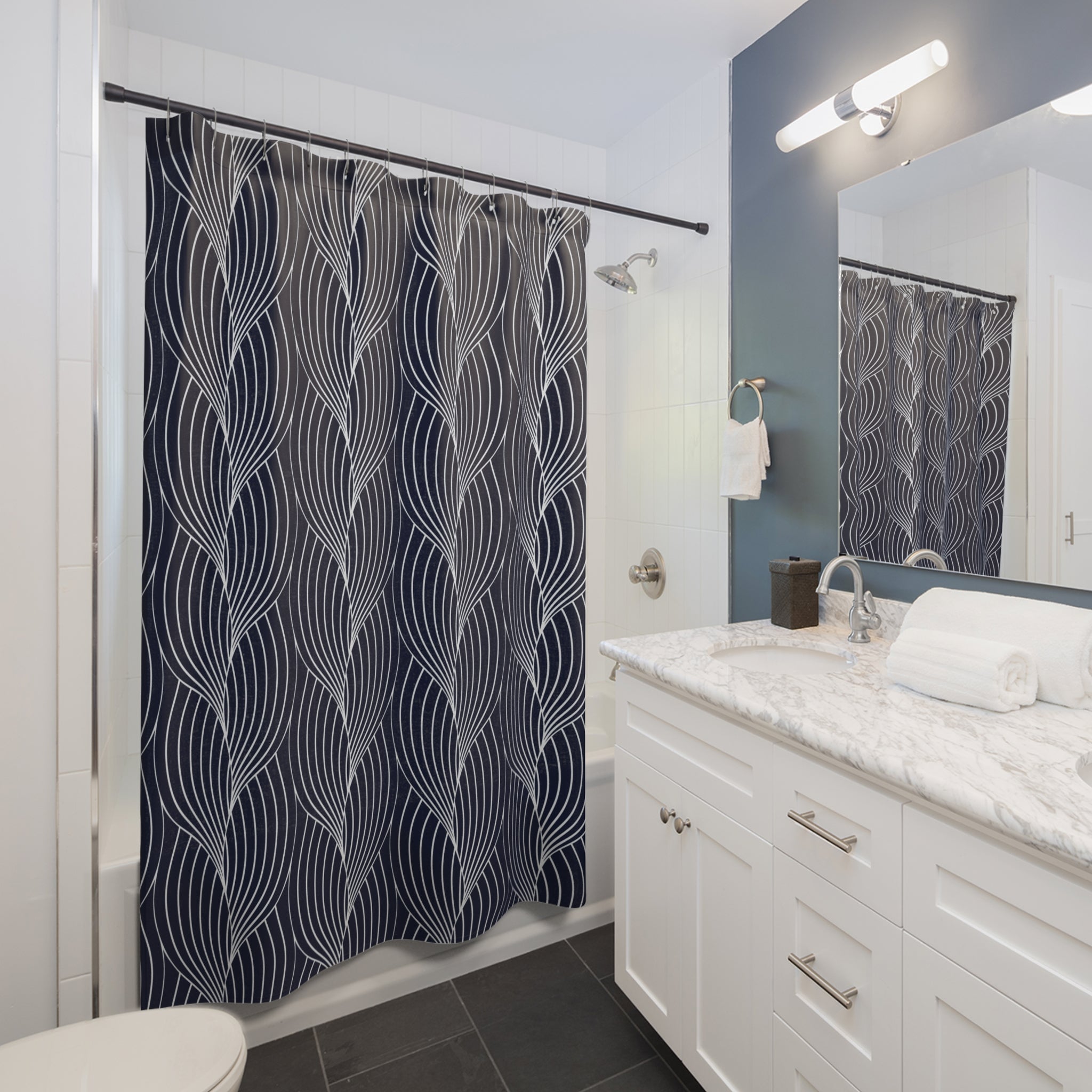 Art Deco Shower Curtain | Navy Blue, White Bathroom Decor