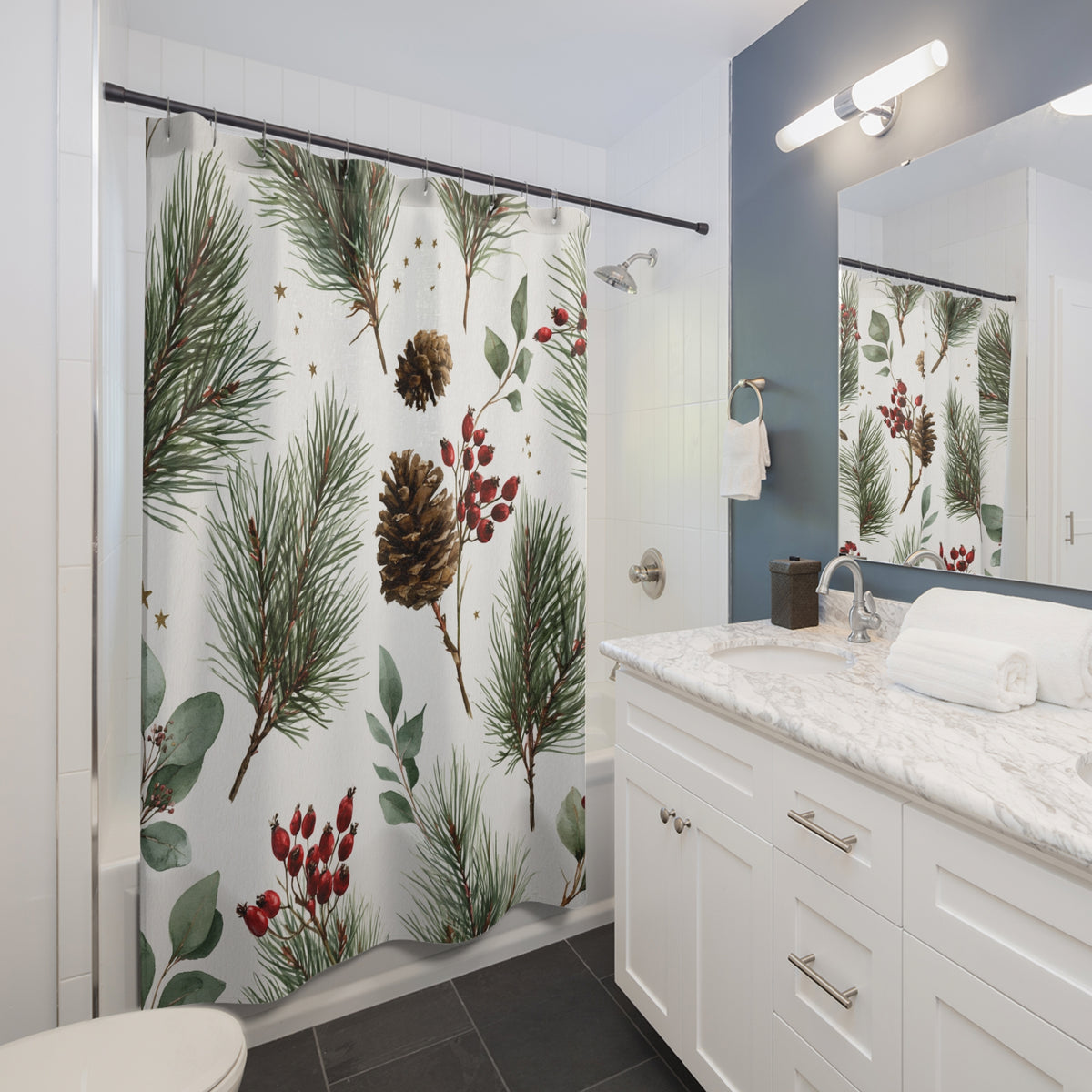 Ivory Pine Cone Botanical Shower Curtain, Bath Curtain 71x74