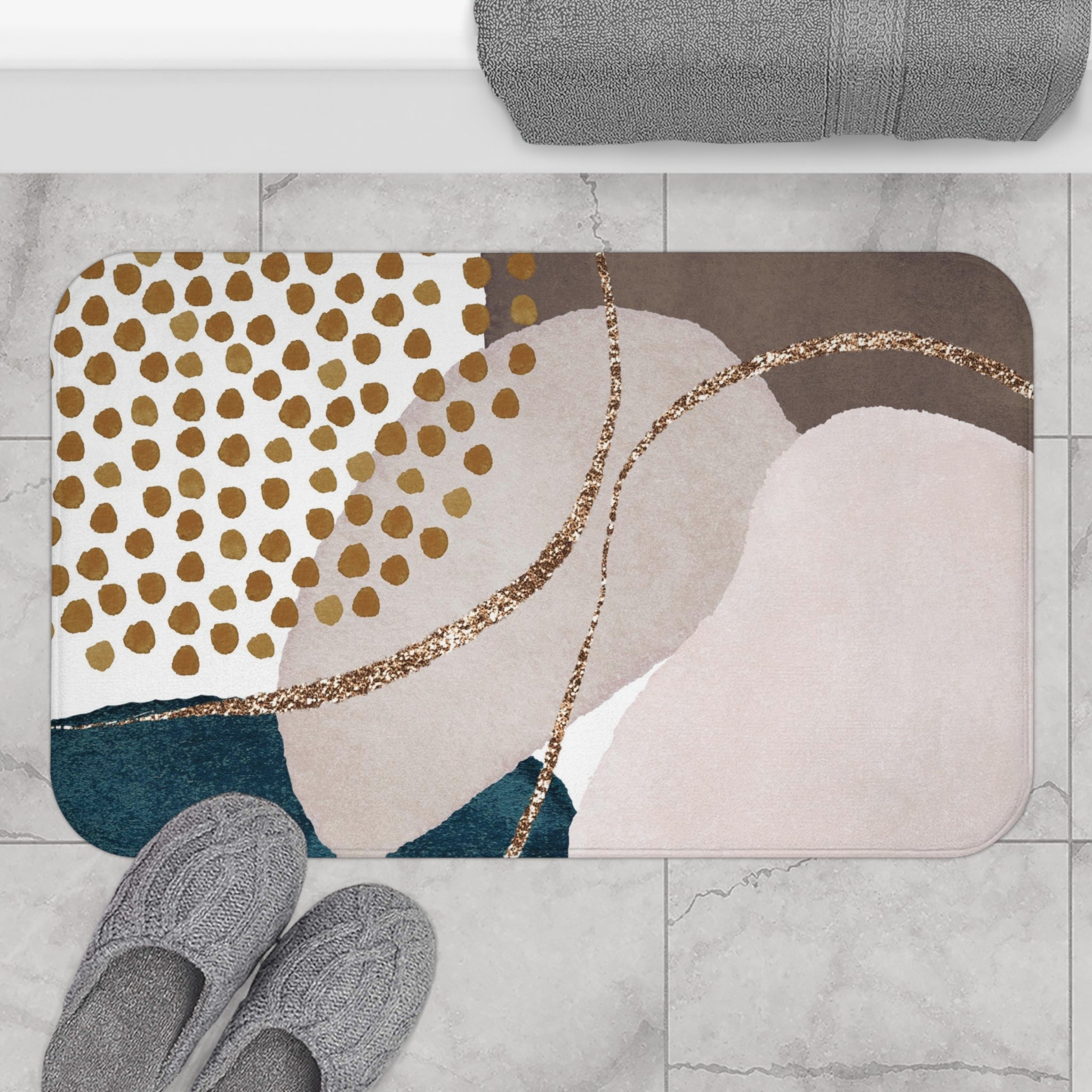 Boho Bath, Kitchen Mat | Modern Brown Navy, Blush Watercolor