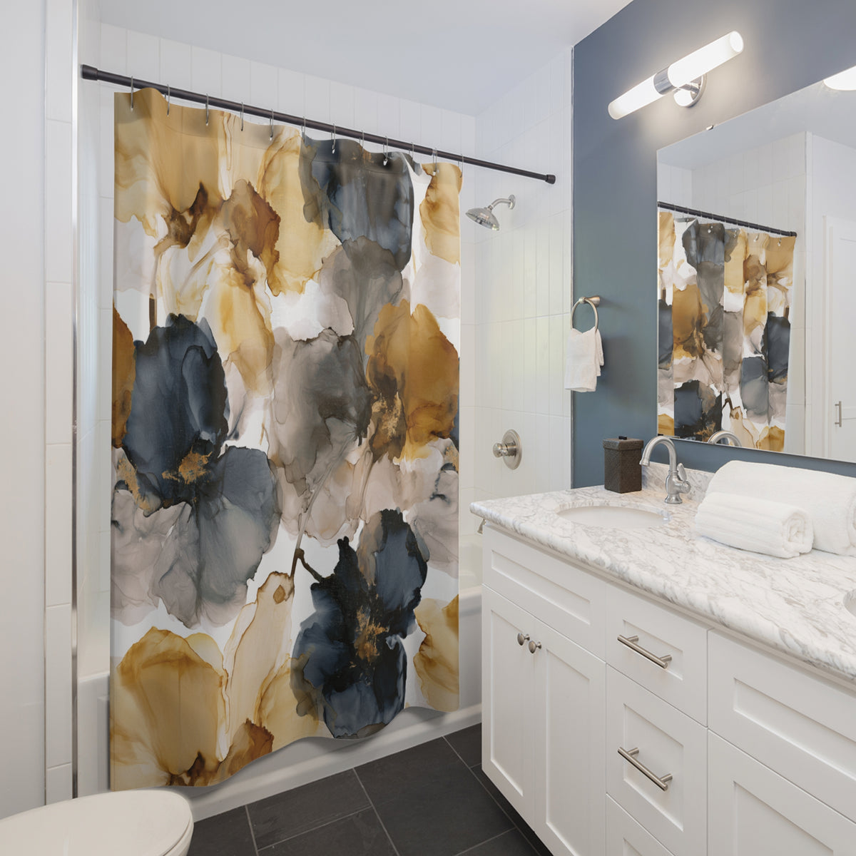 Navy Mustard Ink Floral Shower Curtain, Bath Curtain 71x74