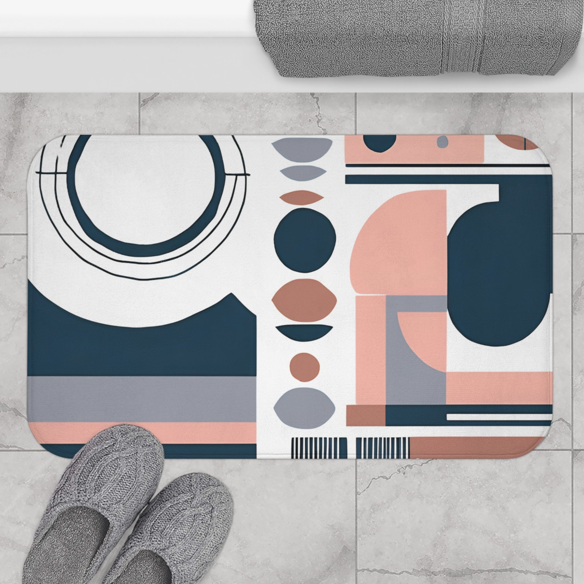 Boho Bath Mat | Geometric, Mid Century Earthy White Kitchen Mat