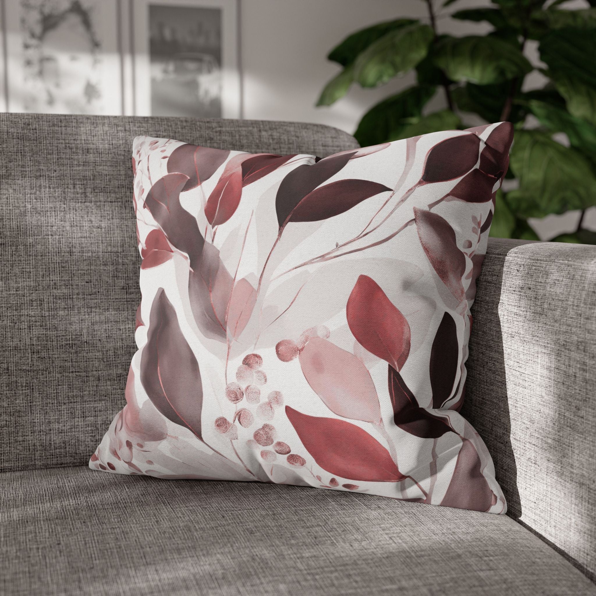 Boho Floral Throw Pillow Cover; Burgundy Red Watercolor Leaves Couch Cushion