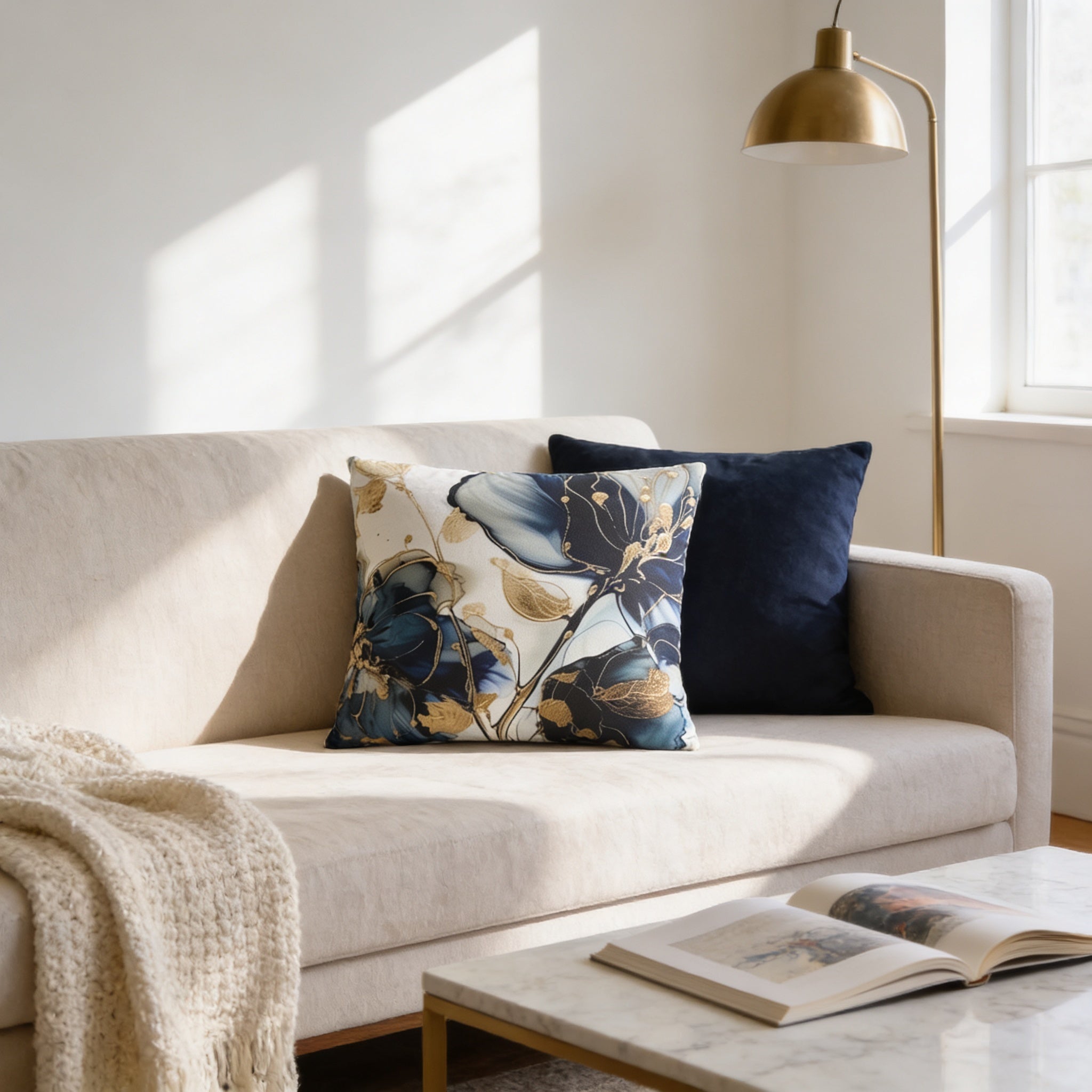 a cozy living room with a beige sofa adorned with two throw pillows, one with a floral pattern and the other in navy blue. A lamp is positioned on the right side of the sofa, and a marble coffee table is placed in front of it. An open book is also visible on the coffee table.